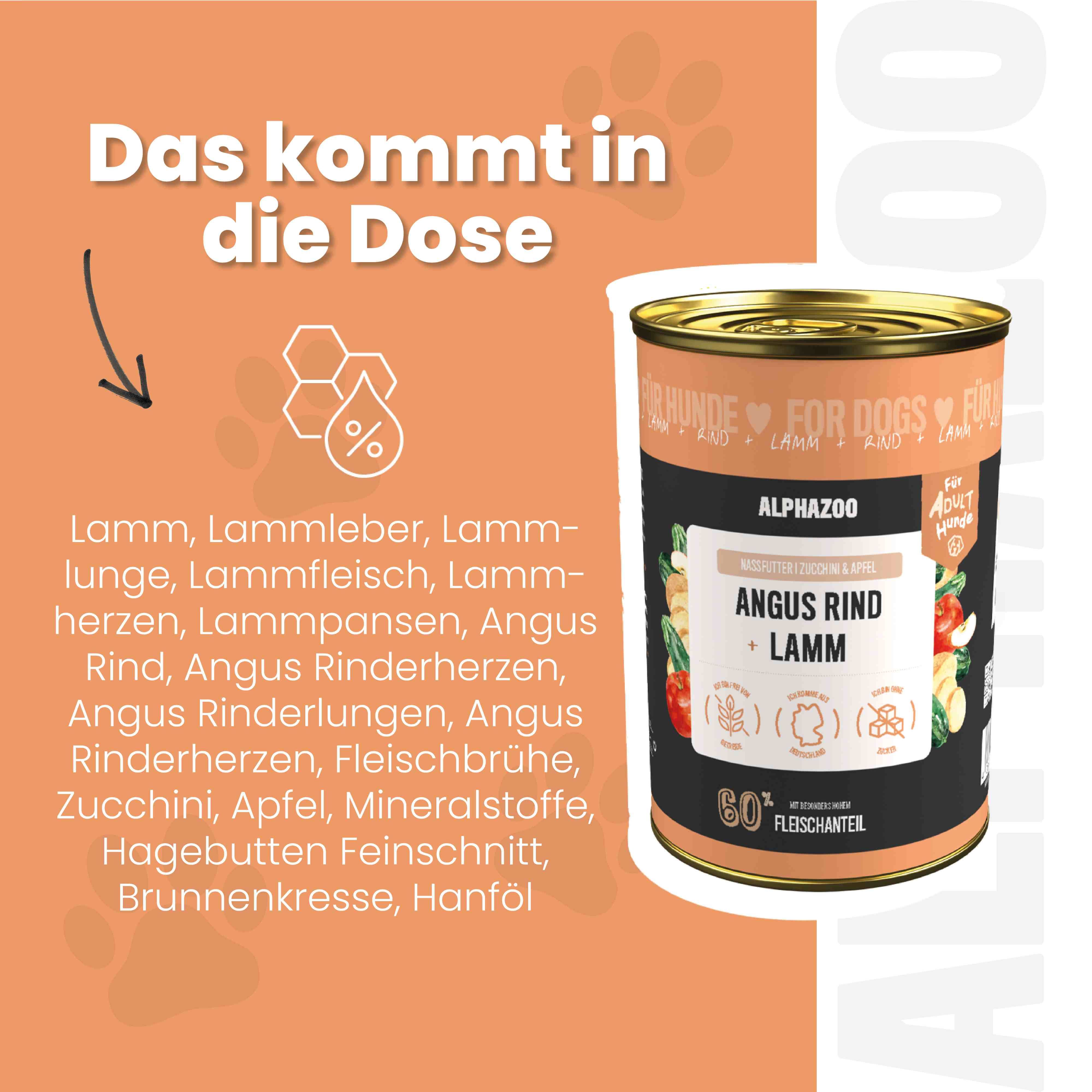 Dose Nassfutter, Angus Rind + Lamm. Zutaten: Lamm, Leber, Lunge, Fleisch, Herzen, Pansen, Angus Rind, Rinderherzen, Rinderlungen, Fleischbrühe, Zucchini, Apfel, Mineralstoffe.