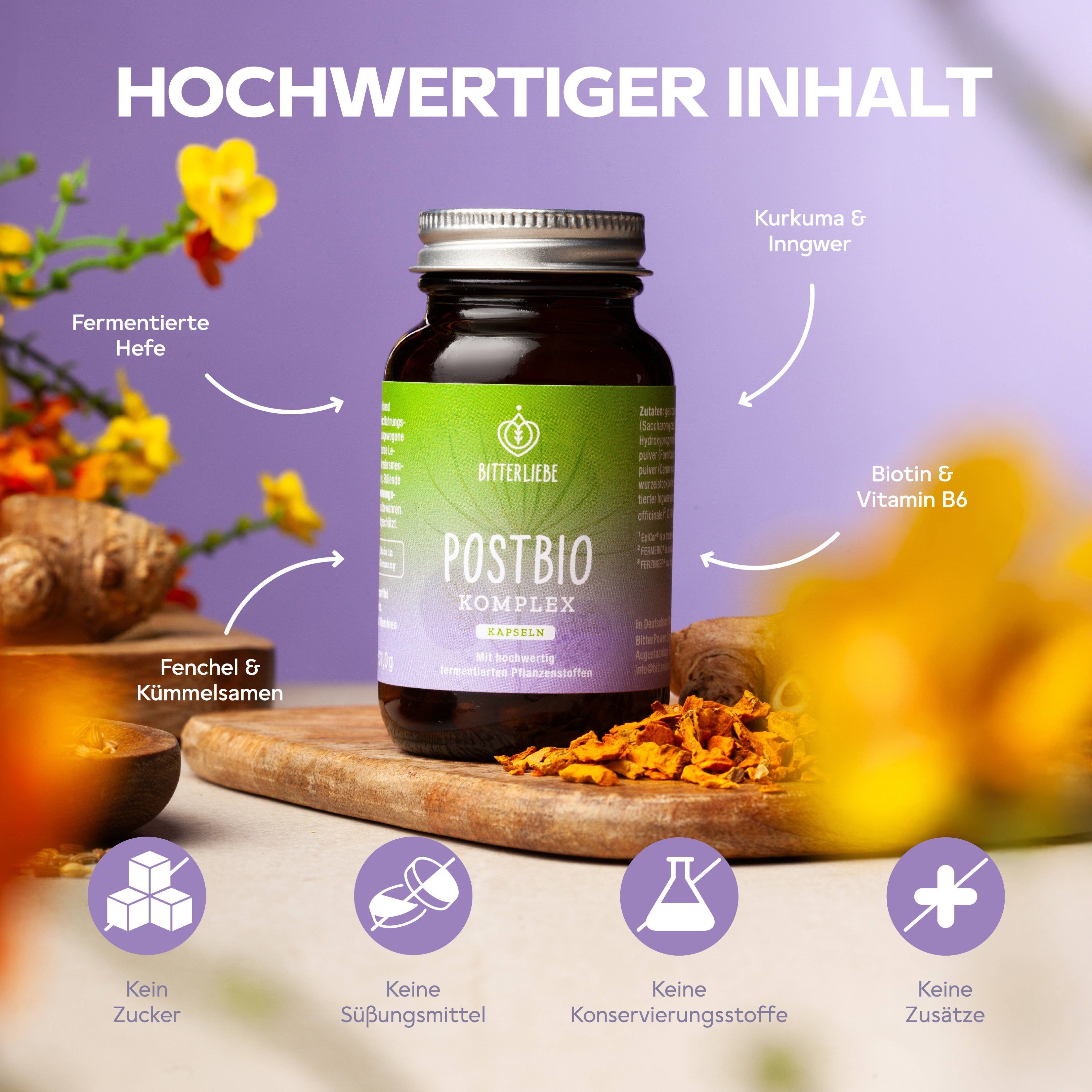 Flasche "BitterLiebe Postbio" mit Pfeilen auf Zutaten: fermentierte Hefe, Kurkuma, Ingwer, Fenchel, Kümmelsamen. Keine Zusätze, Zucker, Süßungsmittel.