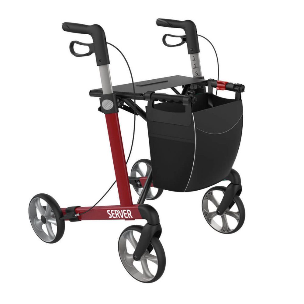 Weinroter Rollator mit vier Rädern, schwarzem Korb und Griffen. Silberne Akzente. Auf dem Rahmen steht "SERVER".