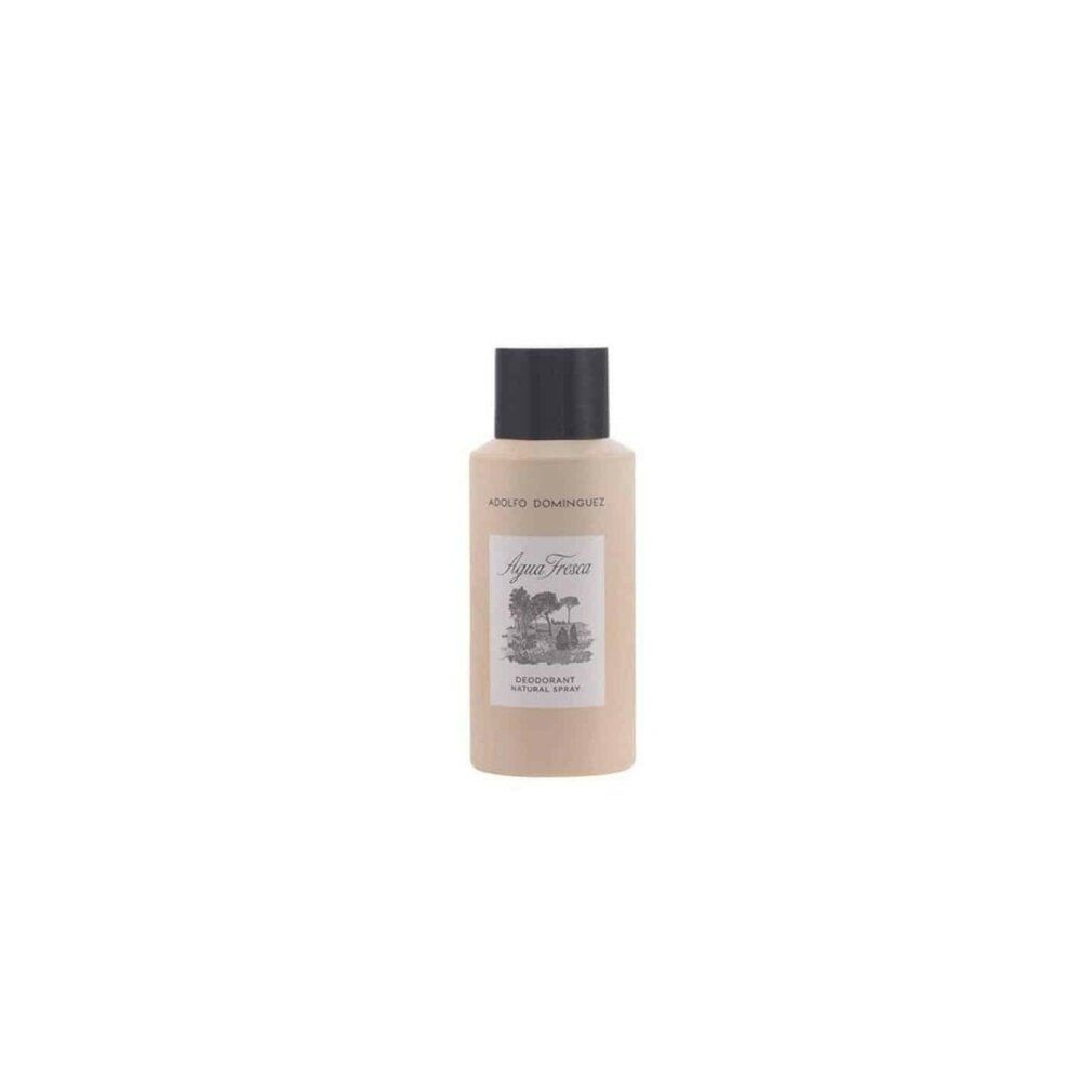 Beige Flasche mit schwarzem Deckel. Aufschrift Agua Fresca und Illustration. Deodorant Natural Spray.