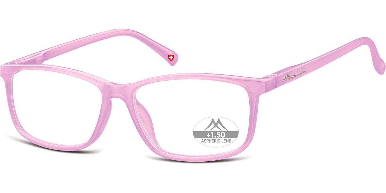 Rosa Brille mit rechteckigen Gläsern. Auf dem Glas steht "Aspheric Lens". Am Bügel ist ein Logo.