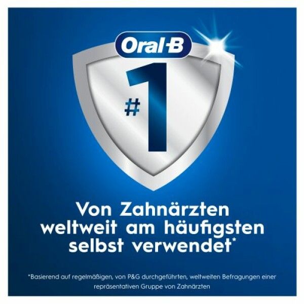 Logo Oral-B auf silbernem Schild mit Nummer 1. Text: Von Zahnärzten weltweit am häufigsten selbst verwendet.