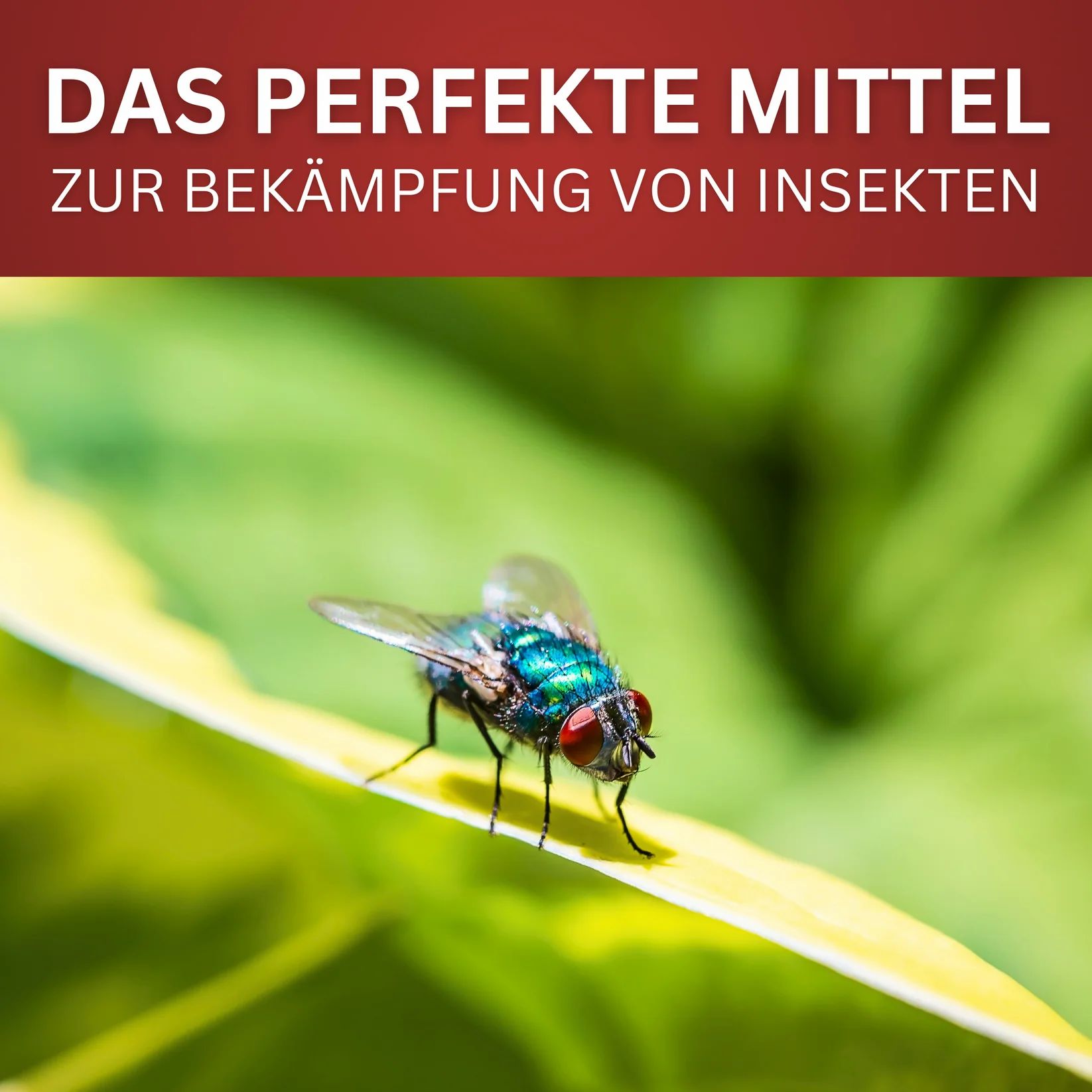 Nahaufnahme einer Fliege auf einem grünen Blatt. Die Fliege hat metallisch glänzende Farben.