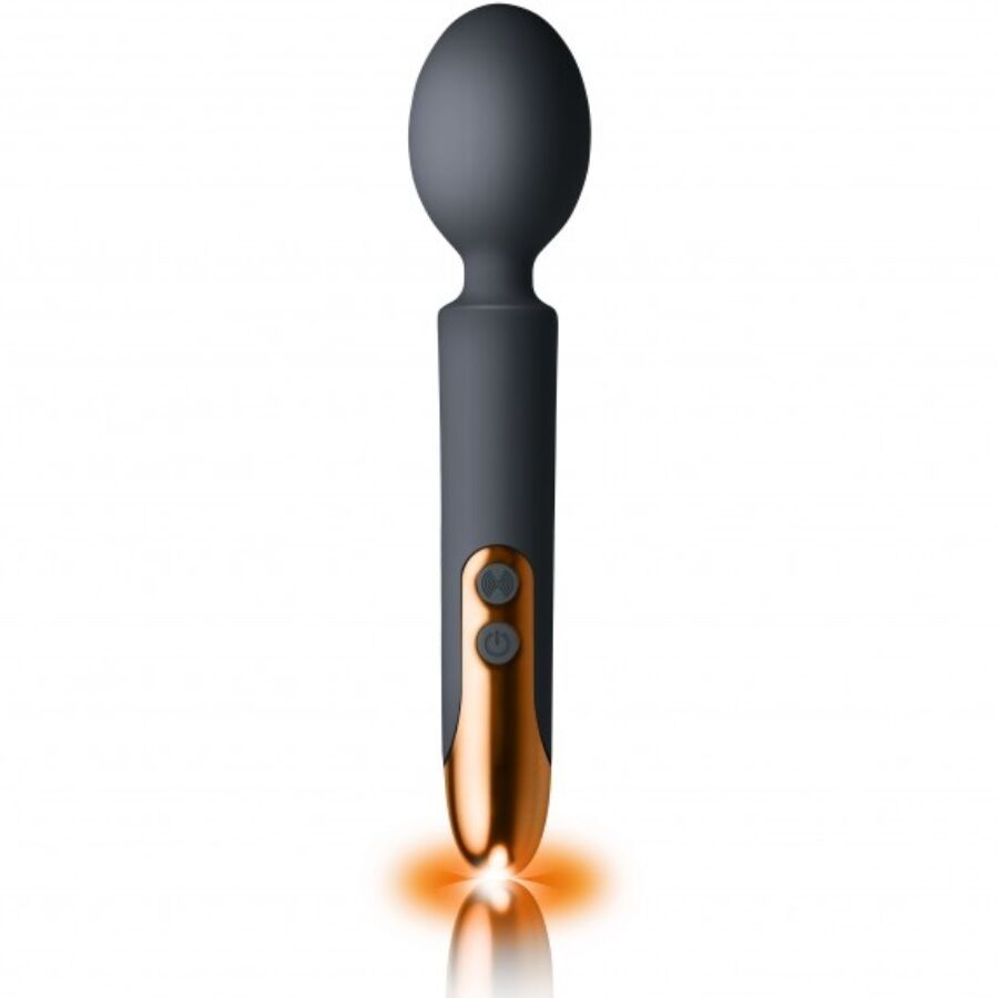 Grauer Vibrator mit goldfarbenem Griff. Zwei Knöpfe sind sichtbar. Lichteffekt am unteren Ende.