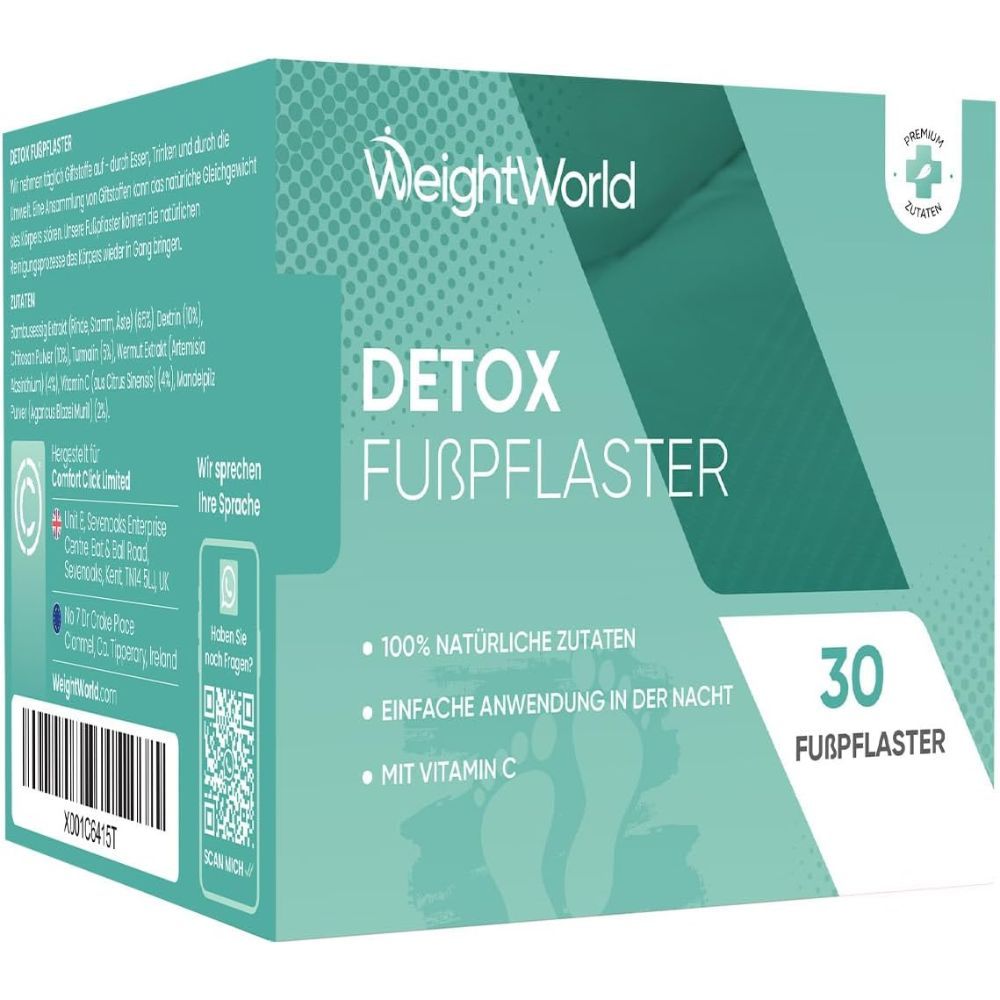 Kartonverpackung mit Produktinformationen. Text: Detox Fußpflaster, 30 Pflaster. Grün-weißes Design.