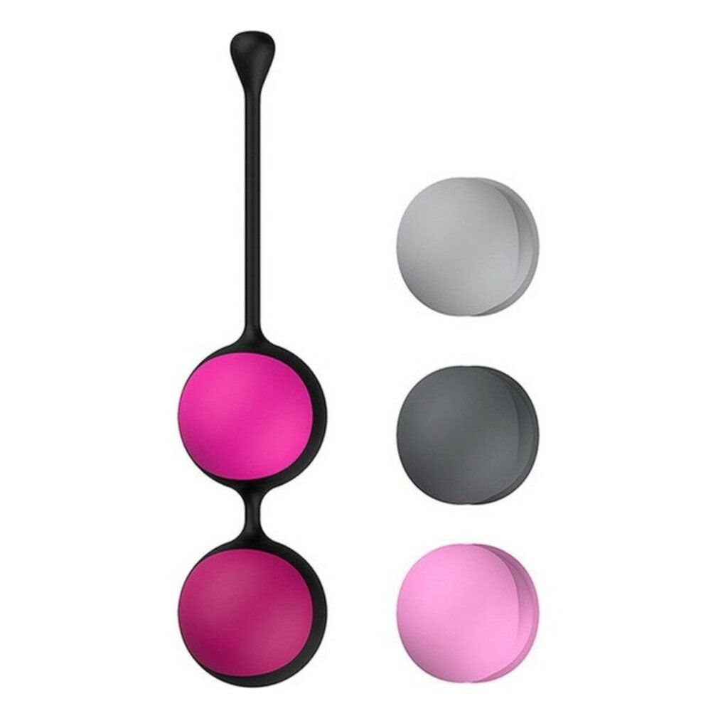 Kegel Workout System mit zwei rosa Kugeln und drei weiteren Kugeln. Schwarzer Griff. Kugeln in Grau und Rosa.