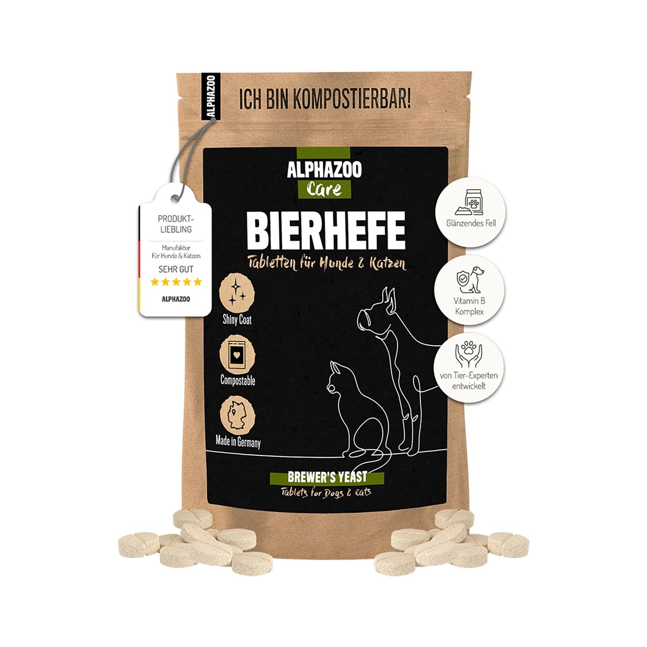 Braune Papierverpackung mit Tabletten. Aufschrift: ALPHAZOO Care Bierhefe Tabletten für Hunde & Katzen. Produktbewertung.