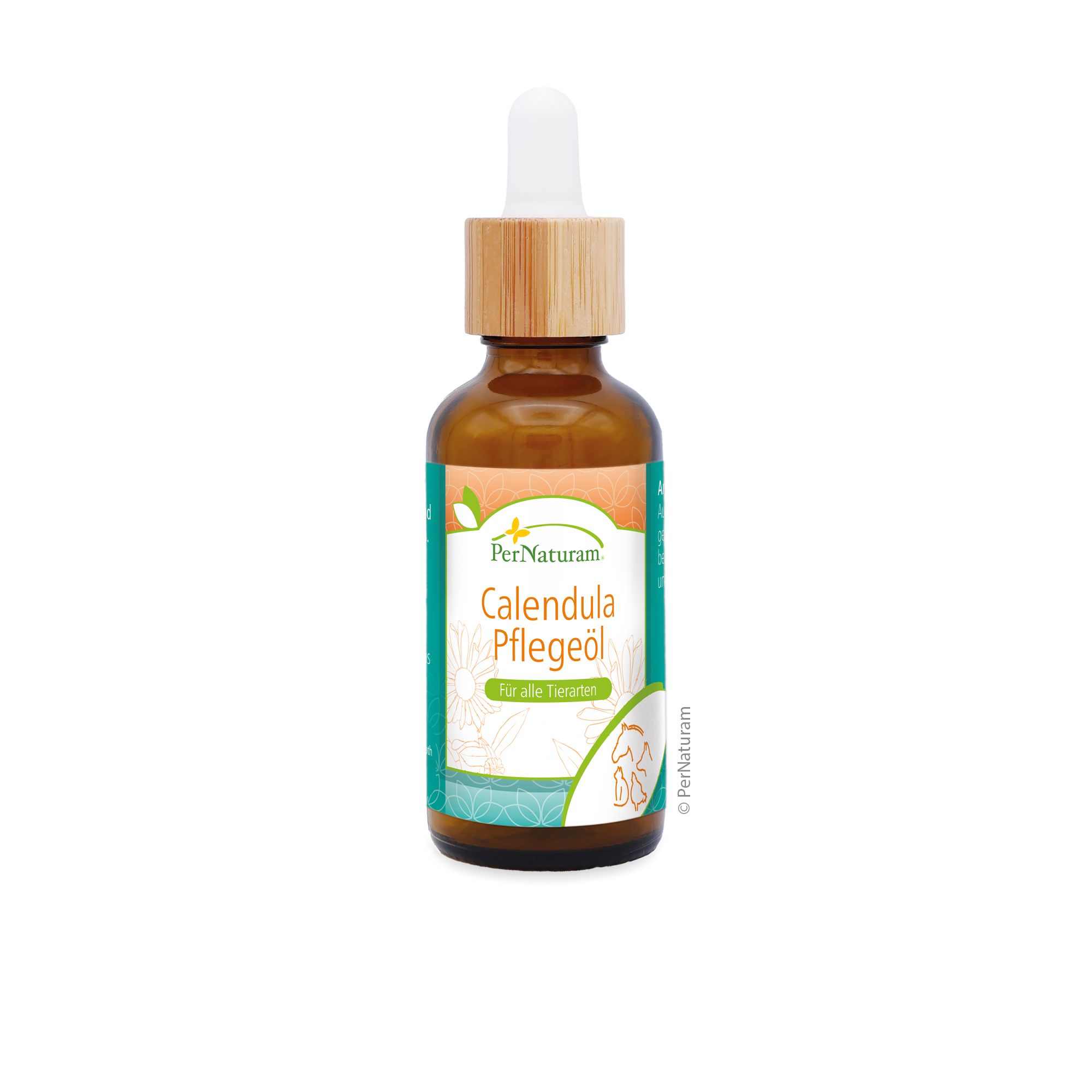 Braune Glasflasche mit Pipette und Holzverschluss. Etikett mit Schriftzug Calendula Pflegeöl.