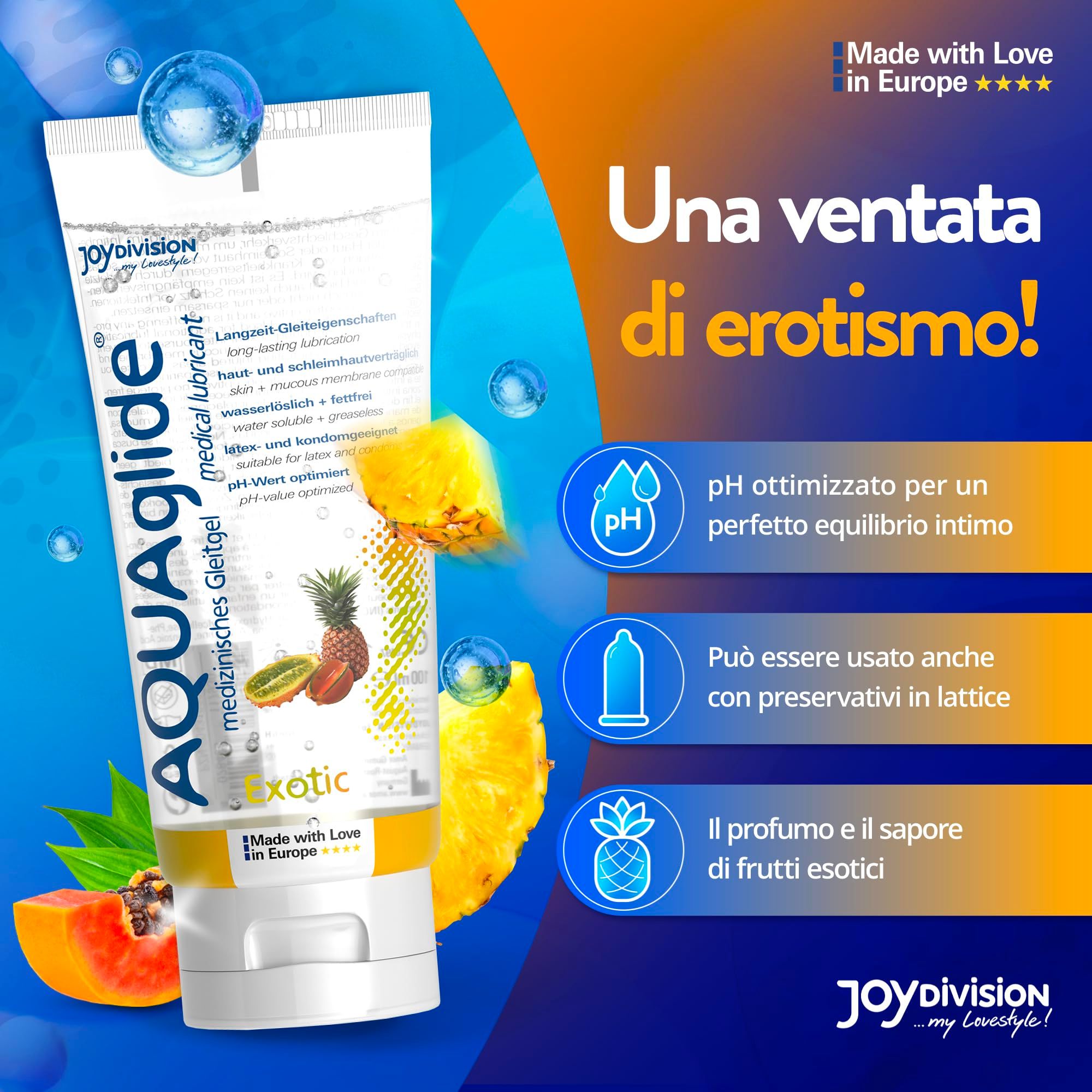 Aquaglide Gleitgel mit exotischem Fruchtgeschmack. Hautfreundlich, pH-optimiert, mit Kondomen verwendbar.