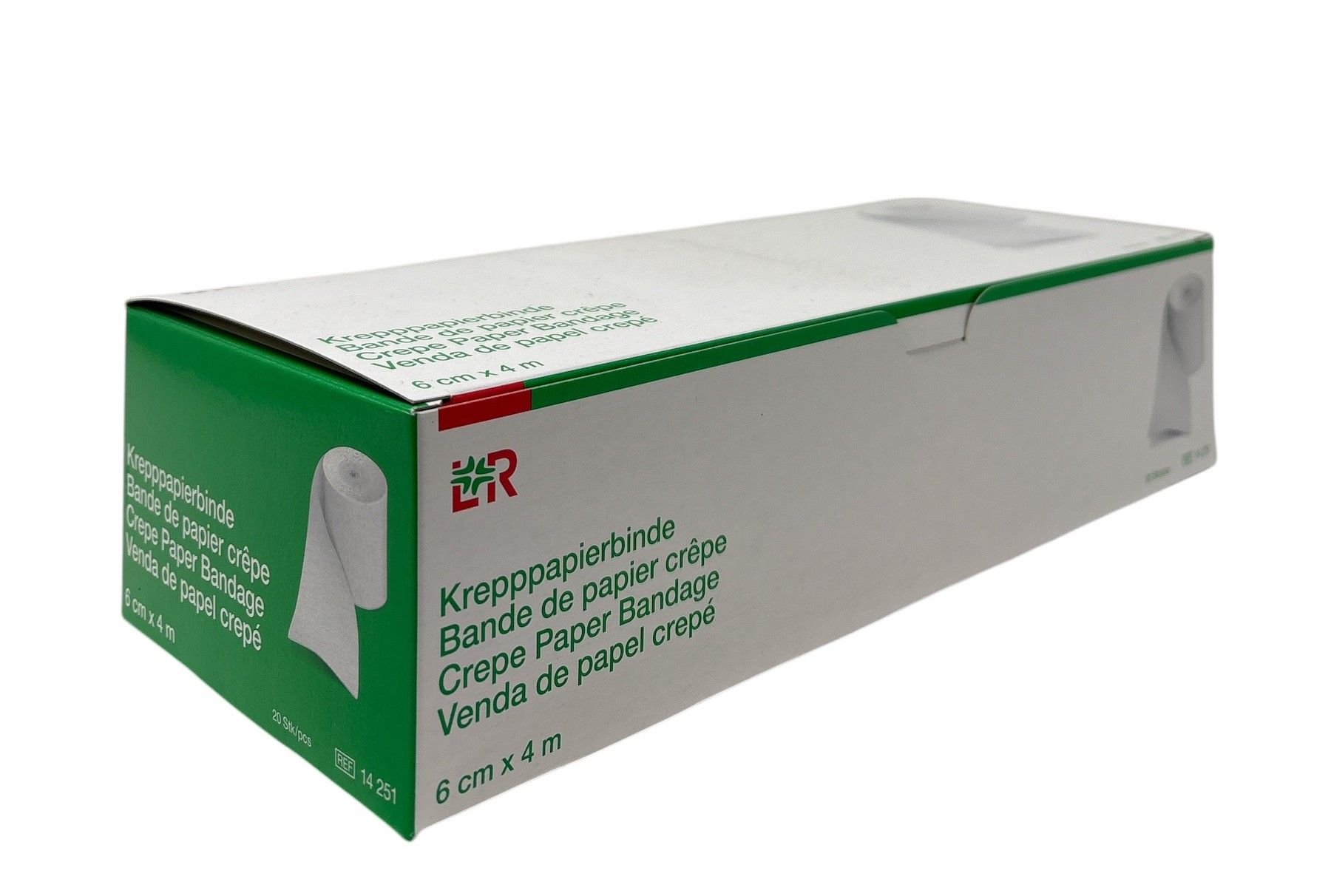 Kartonverpackung mit grünem Akzent. Aufschrift: Krepppapierbinde, 6 cm x 4 m. Abbildung einer Rolle. Marke LR.