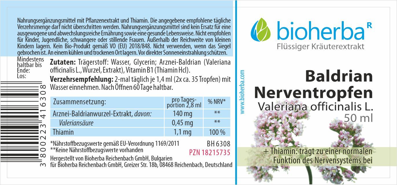 Etikett mit Produktinformationen. Text: Bioherba Baldrian Nerventropfen, Zutaten, Verzehrempfehlung, Zusammensetzung, Thiamin.