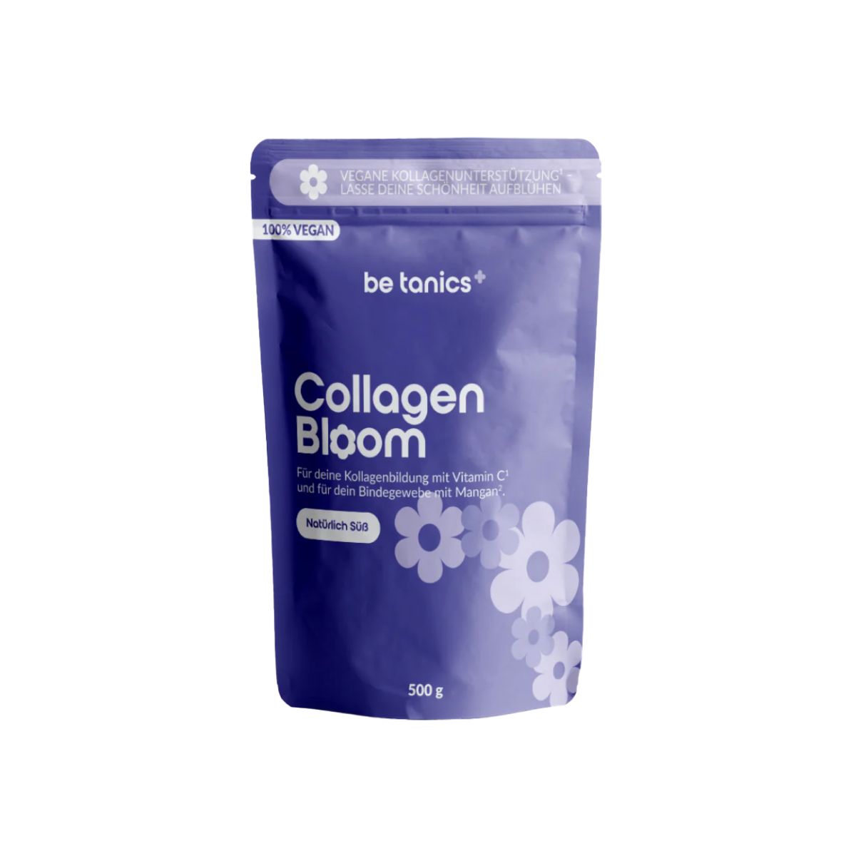 Be Tanics Collagen Bloom-Beutel. Lila Beutel mit weißer Schrift. Enthält 500g. 100% vegan.