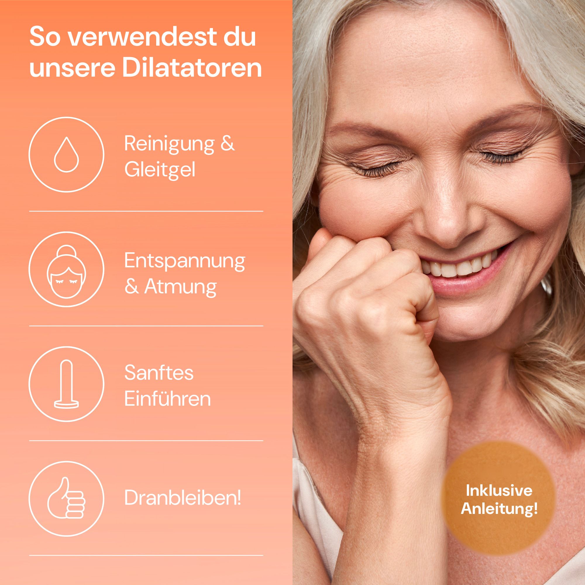 Frau mit lockigem Haar lächelt, hält sich die Wangen. Fünf Dilatatoren und ein roter Beutel liegen auf einem Tisch.