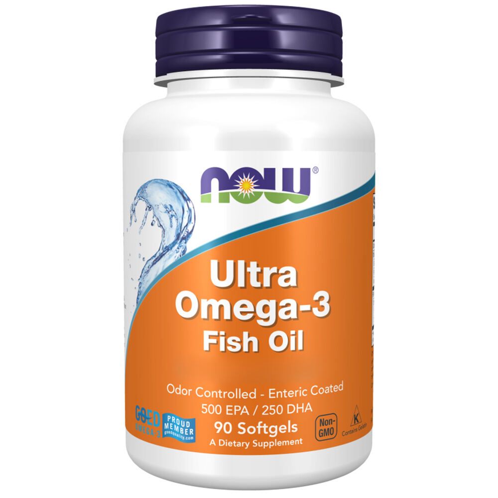 Weiße Flasche mit blauem Deckel. Orangefarbenes Etikett mit "Ultra Omega-3 Fish Oil" und "90 Softgels". Marke: NOW.