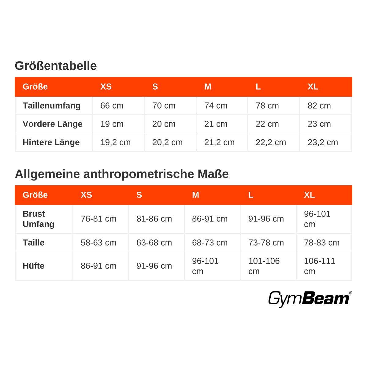 Größentabelle mit Maßen für Taillenumfang, Vorder- und Hinterlänge sowie Brustumfang, Taille und Hüfte in den Größen XS bis XL.