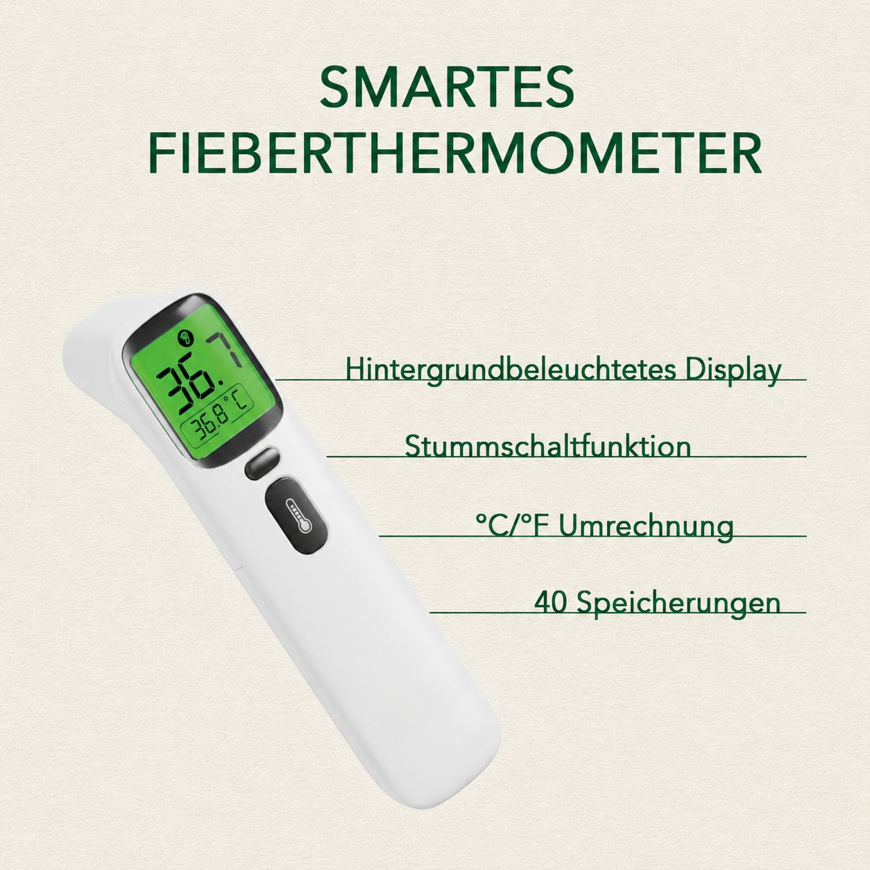 Digitales Fieberthermometer mit beleuchtetem Display, Stummschaltung und Speicherfunktion.