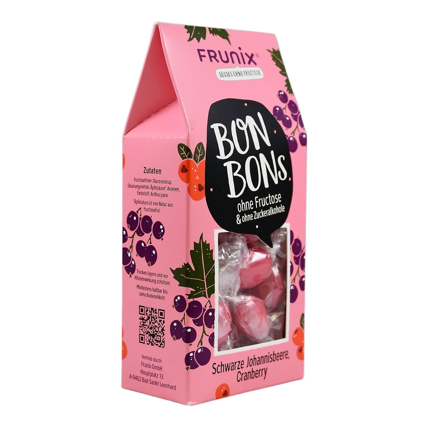 Rosa Kartonverpackung mit Bonbons. Schwarze Johannisbeere und Cranberry-Illustrationen. Sichtfenster mit Bonbons.