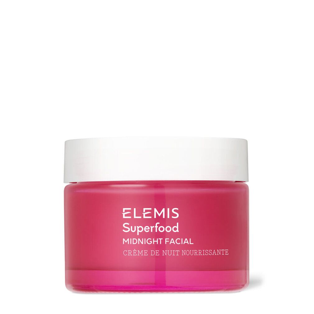 Runder Tiegel mit weißem Deckel und pinkfarbenem Glas. Aufschrift: Elemis Superfood Midnight Facial.