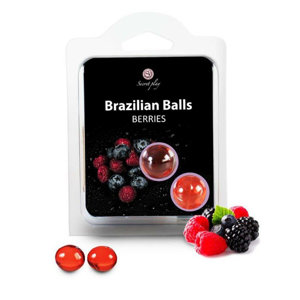 Verpackung mit zwei runden, roten Kugeln und Beerenmotiv. Produktname: Brazilian Balls Berries.