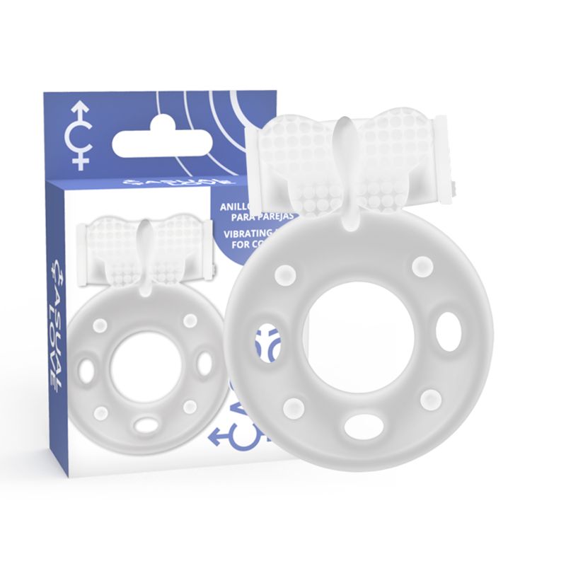 Zwei weiße Vibrationsringe mit Klitorisstimulation. Verpackung mit Produktabbildung und Text: "ANILLO PARA PAREJAS VIBRATING FOR COUPLES".