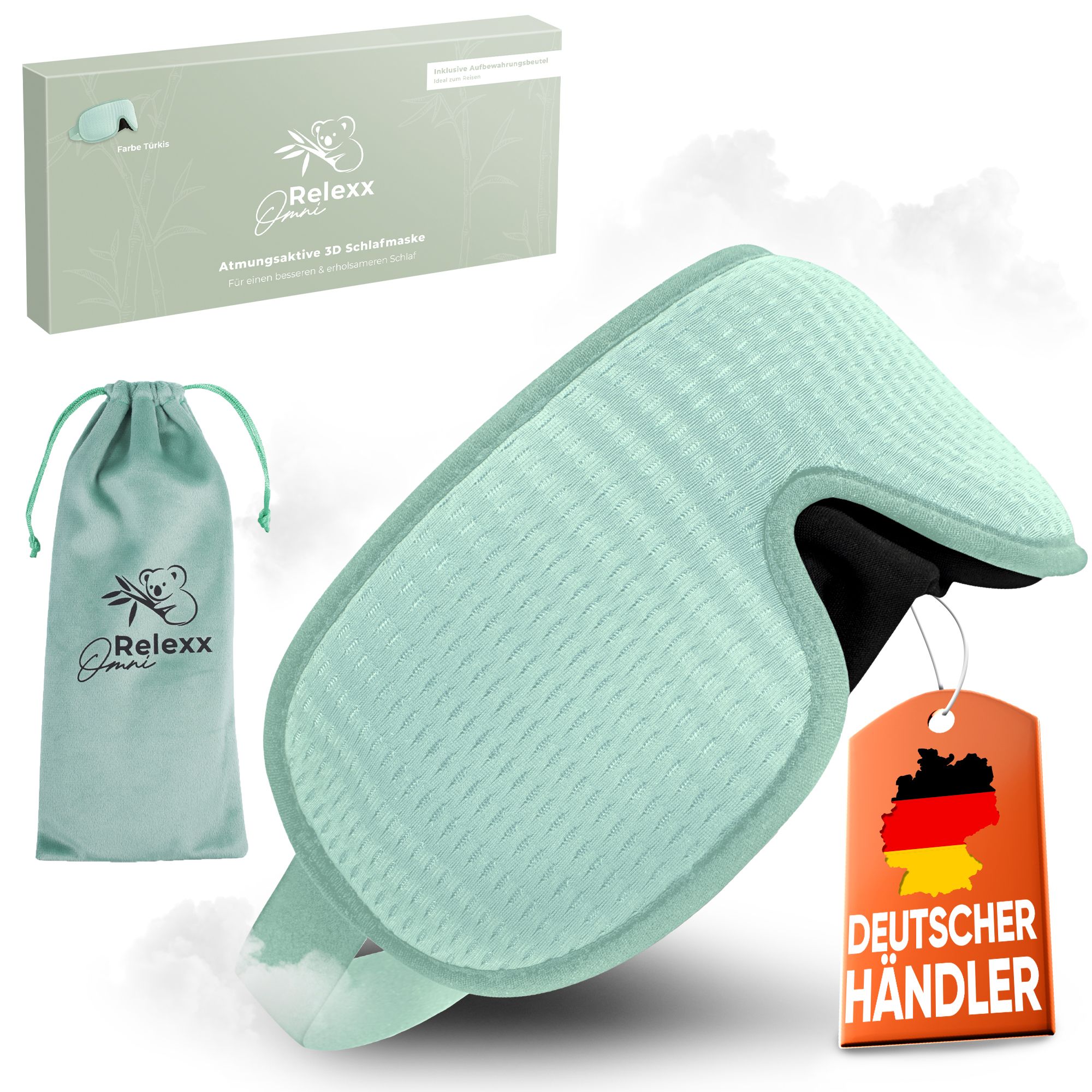 Türkisfarbene Schlafmaske, Reisebeutel und Verpackung. Marke: OMNIRELEXX®. Mit deutschem Händler-Siegel.