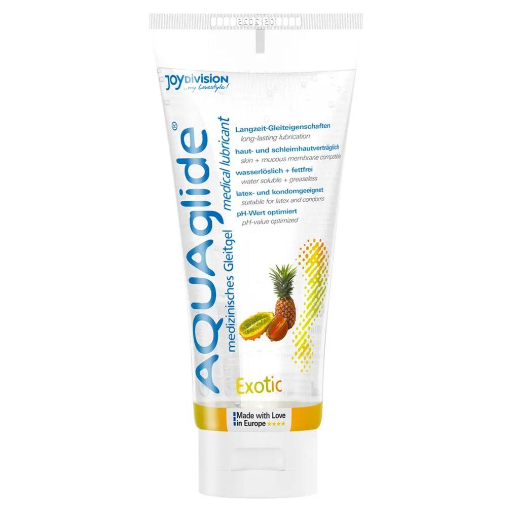 Transparent Tube mit AQUAglide, Aufschrift "Exotic". Abbildung von Ananas und Kiwi. "Das Original".