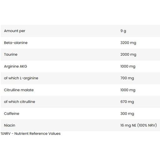 Nährwerttabelle. Angaben pro 9g: Beta-Alanin 3200mg, Taurin 2000mg, Arginin AKG 1000mg, Citrullinmalat 1000mg, Koffein 300mg, Niacin 16mg.