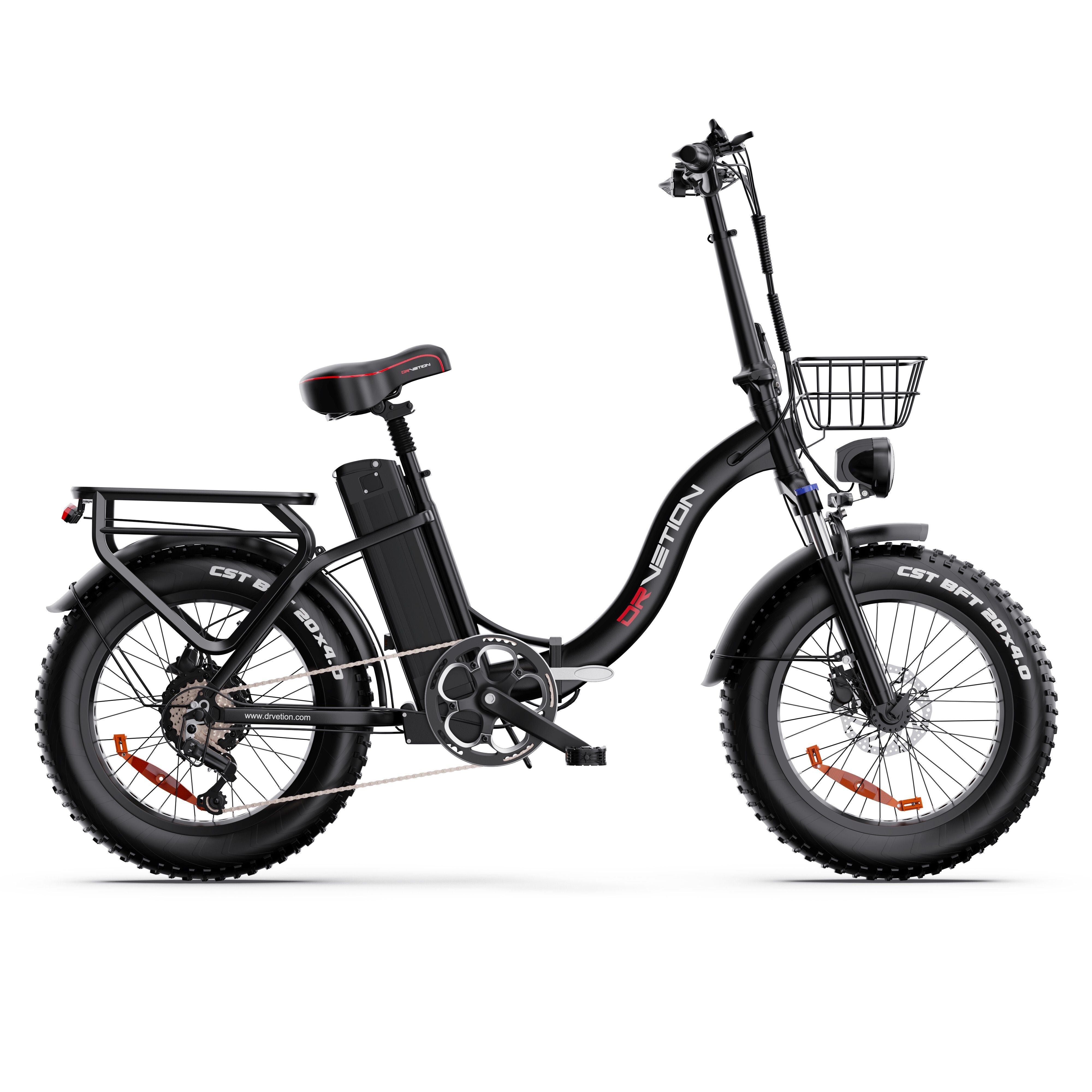 Schwarzes E-Bike mit Korb, Gepäckträger und fetten Reifen. Marke DRVETION.