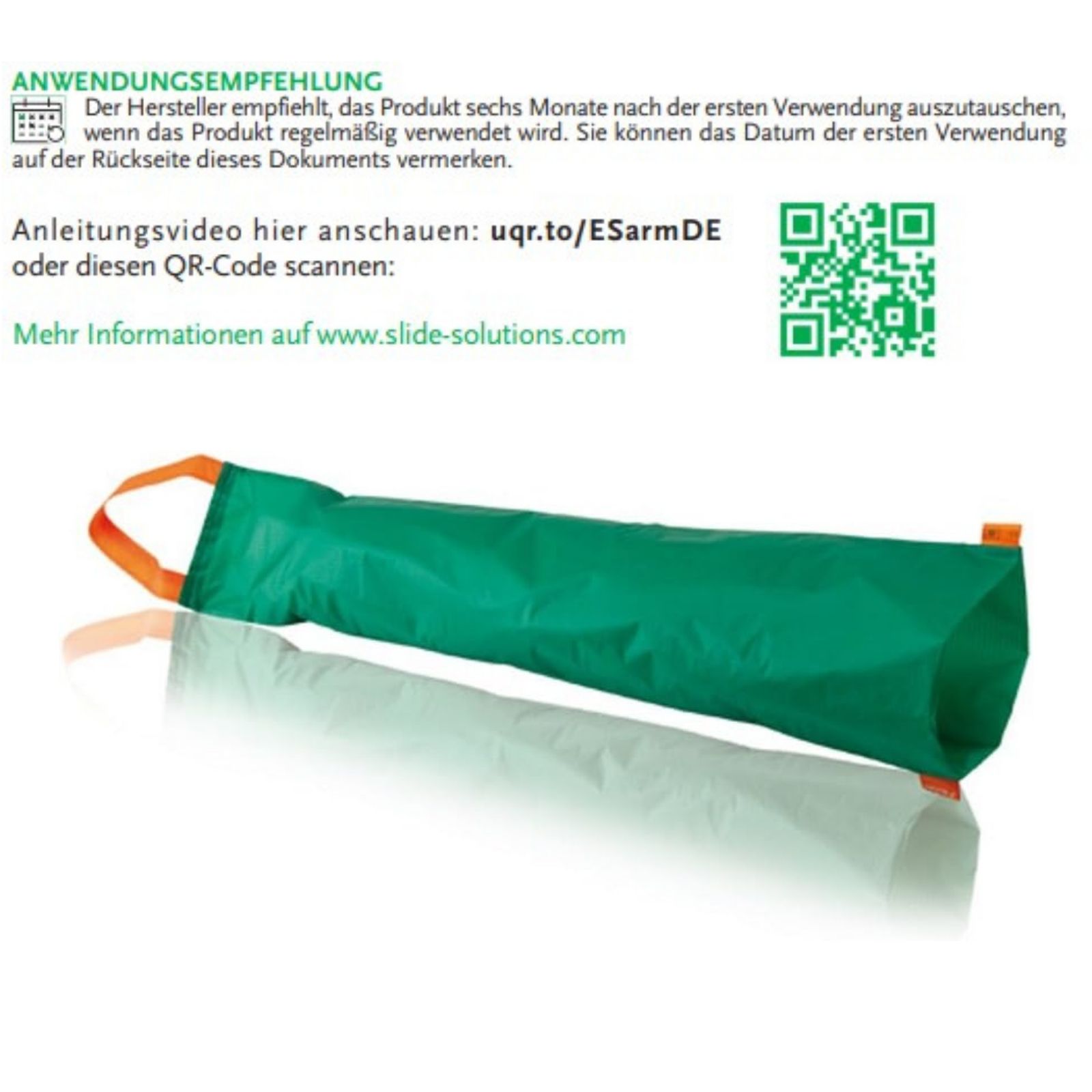 Grüne, schlauchförmige Anziehhilfe für den Arm mit orangefarbenen Griffen. QR-Code und Informationen zur Anwendung und Wartung.