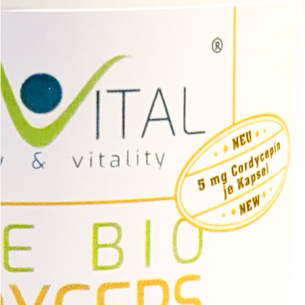 Nahaufnahme des Etiketts: "NEU 5 mg Cordycepin je Kapsel" in einem ovalen Feld auf BEAUVITAL® Pure Bio Cordyceps Gold.