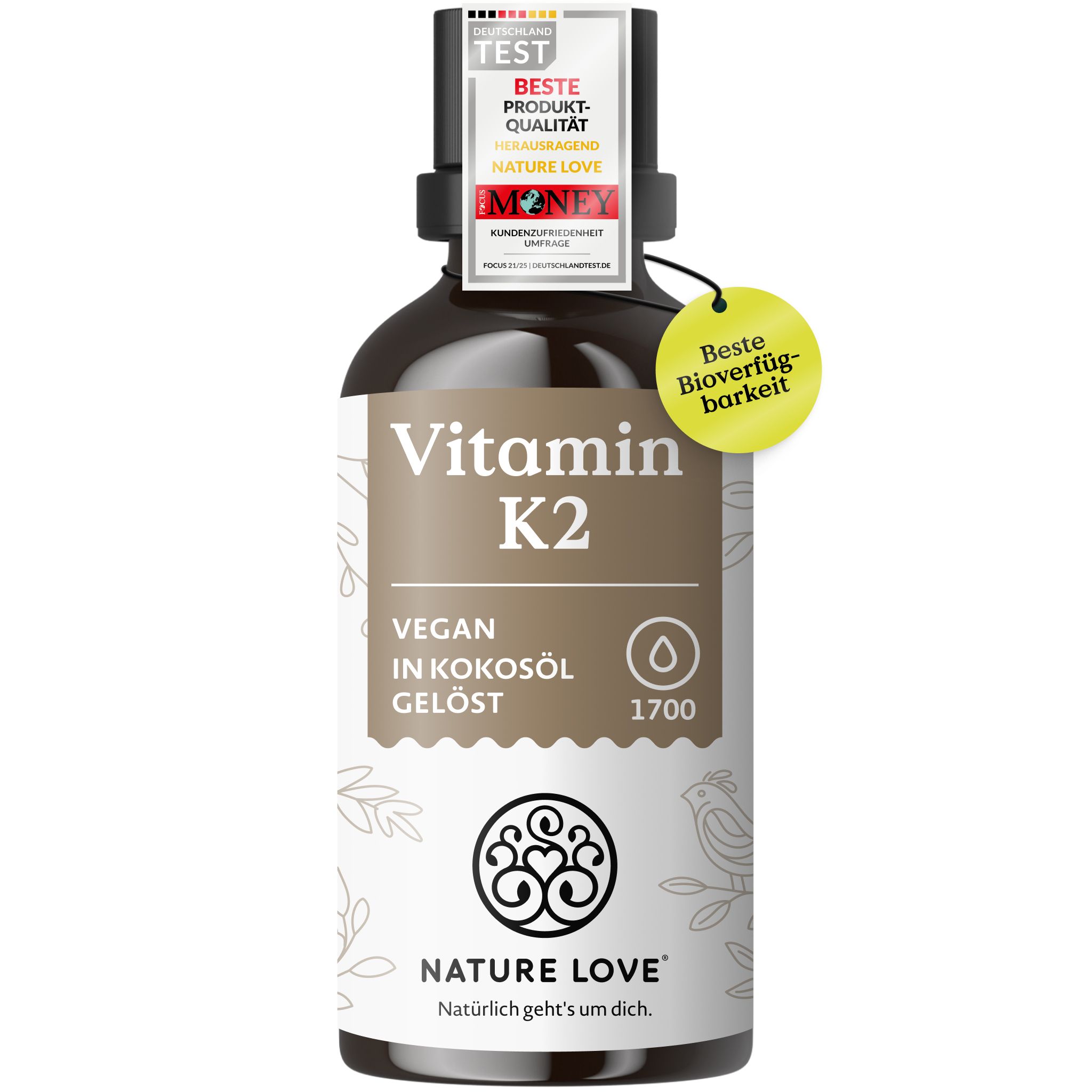 Flasche Vitamin K2 von Nature Love mit Siegeln und Hinweisen.