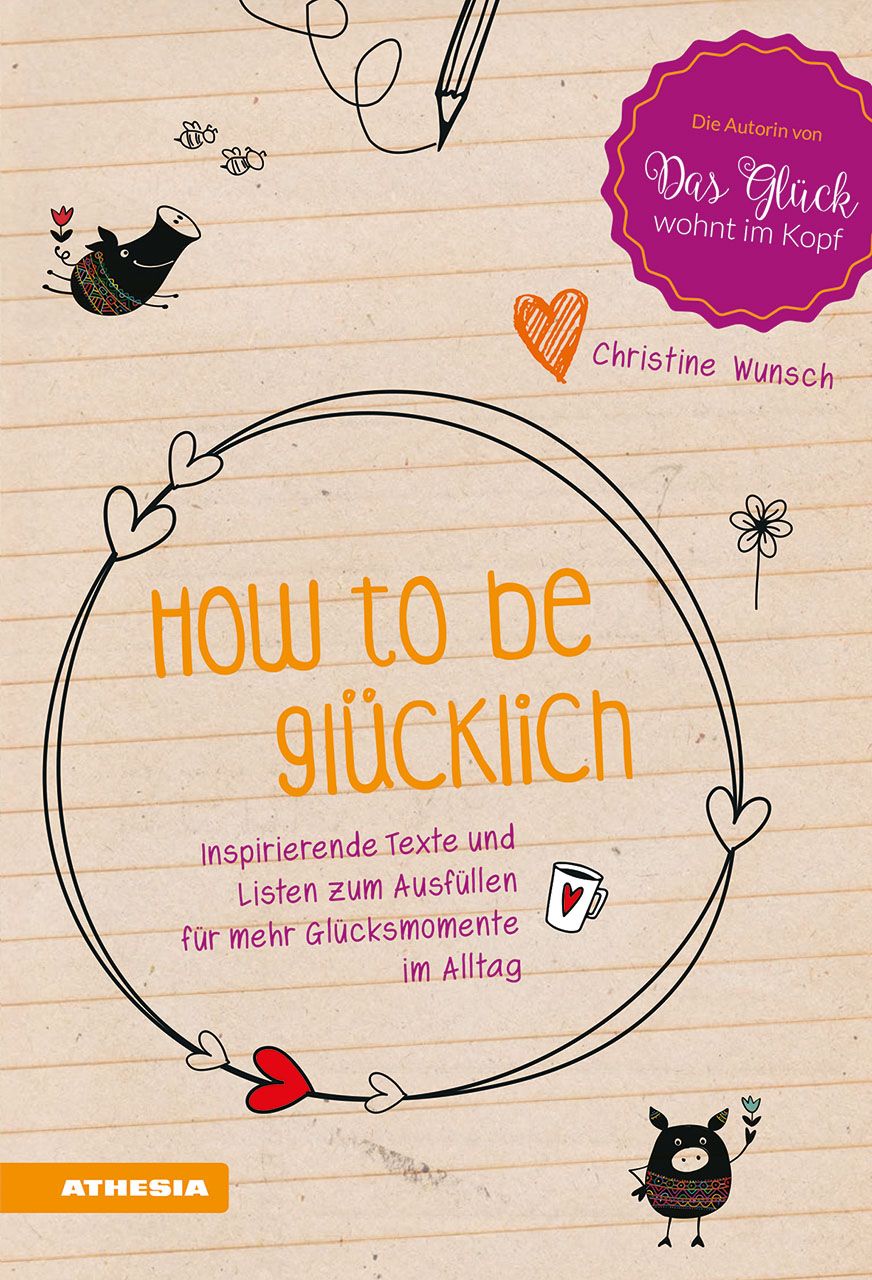 Buchcover mit Titel "How to be glücklich". Illustrationen: Schweinchen, Herzen, Stift. Autorin: Christine Wunsch. Verlag: ATHESIA.