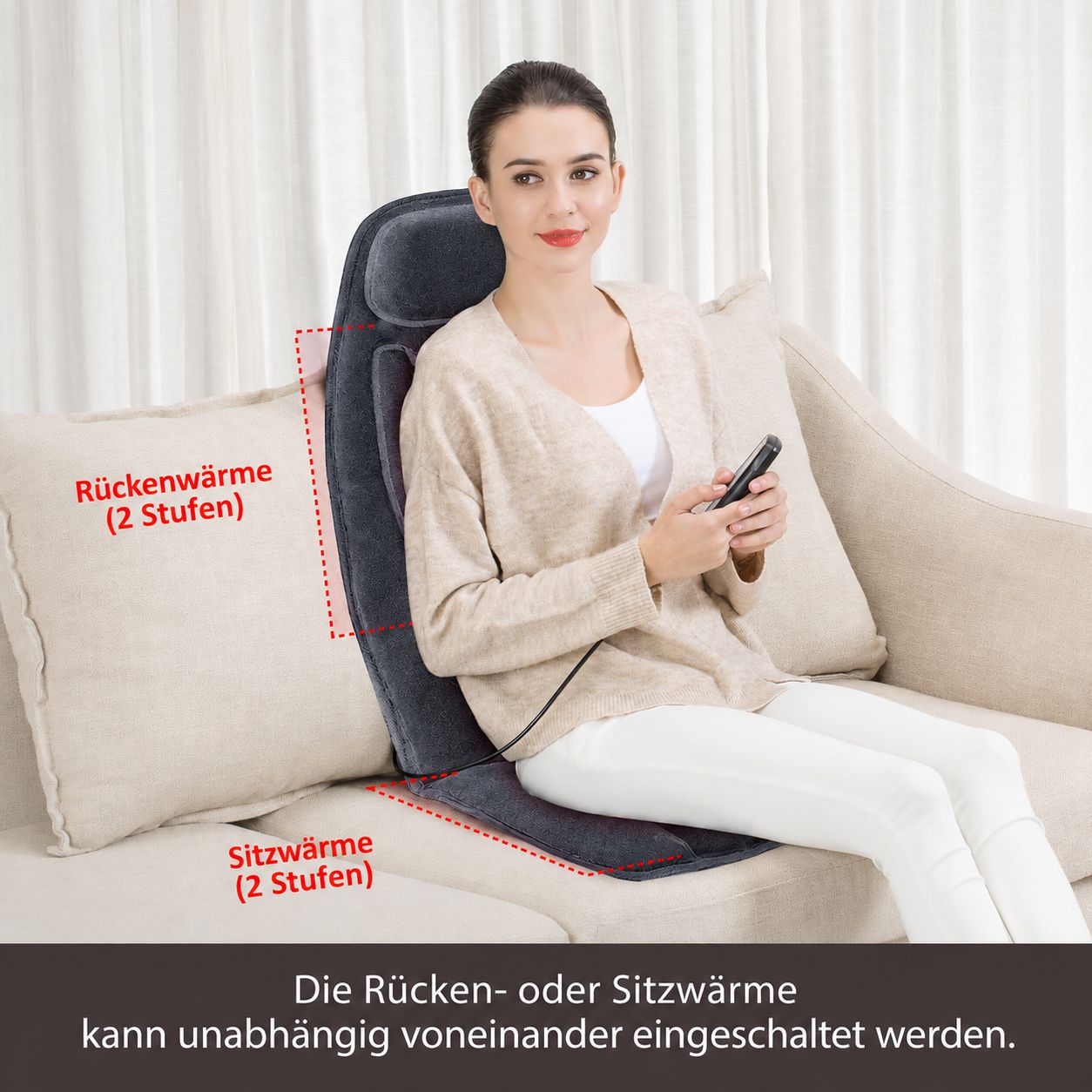 Frau entspannt auf einer Massagematte mit separater Rücken- und Sitzwärme.