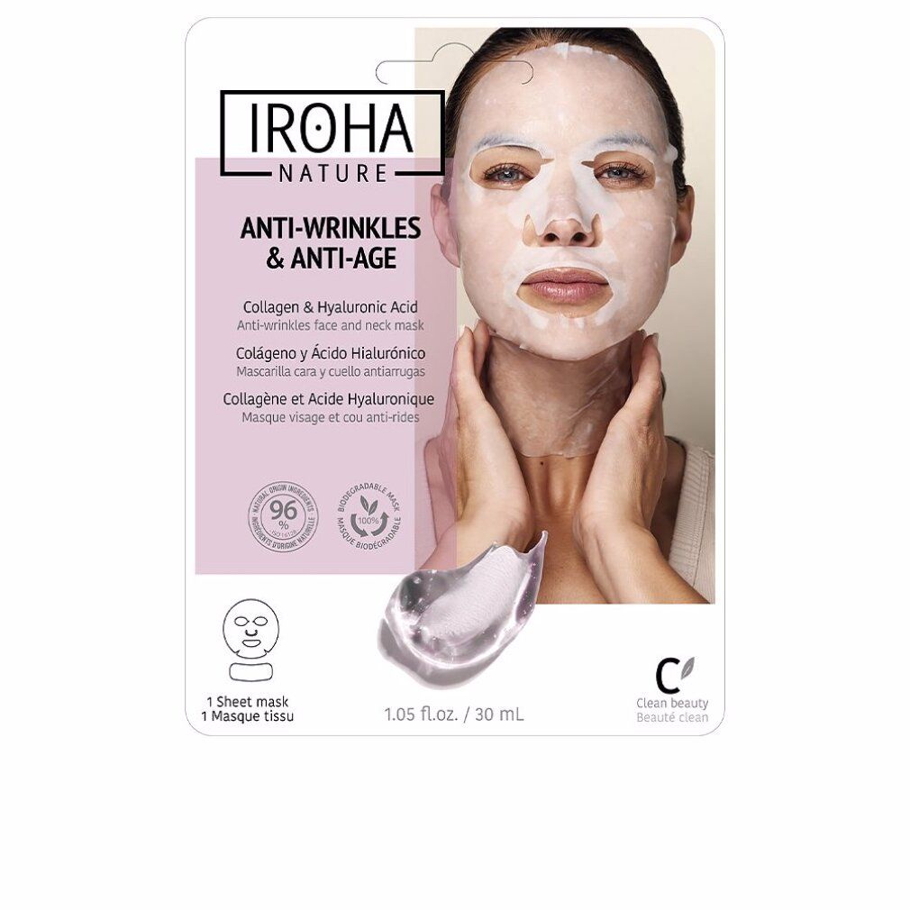 Gesichtsmaske mit Model. Verpackung mit Produktabbildung und Model. Marke Iroha Nature, Collagen + Hyaluronsäure. 1 Sheet mask.