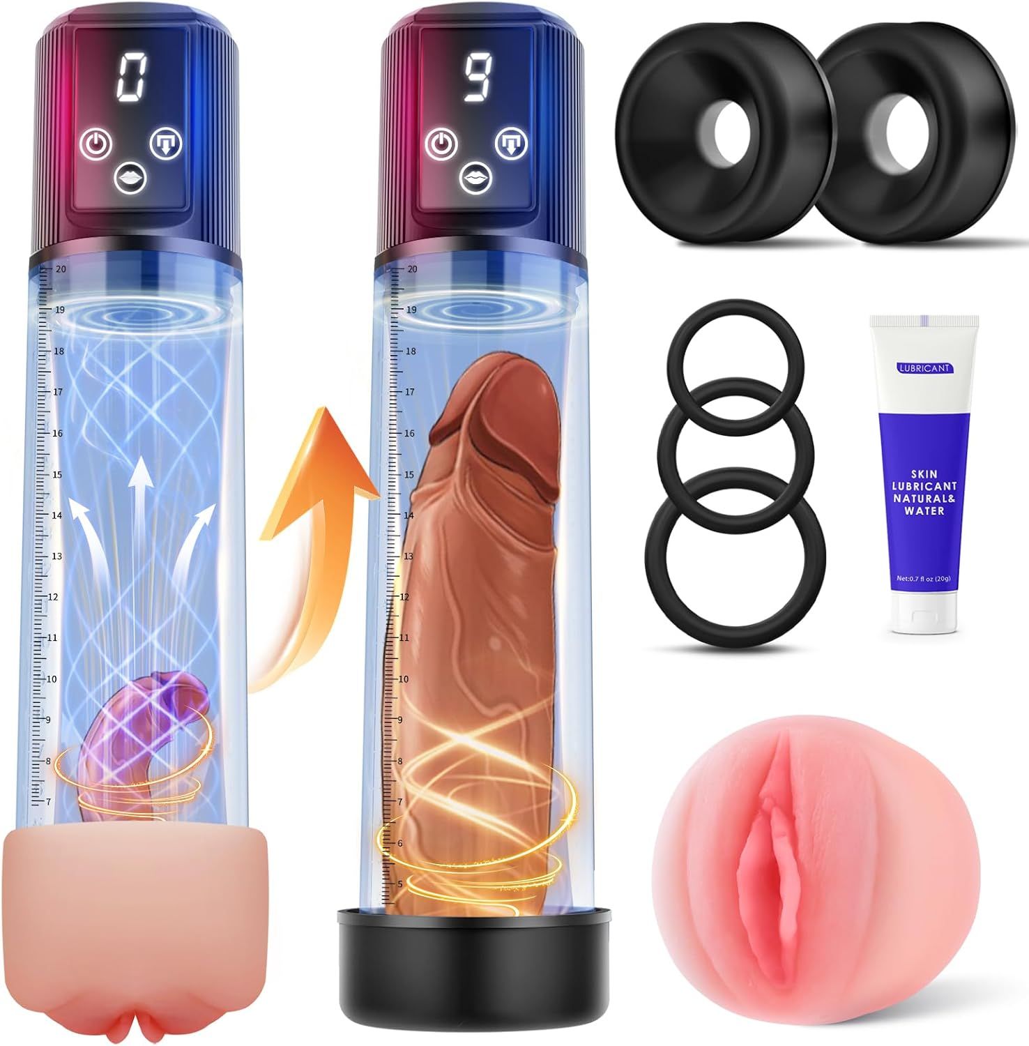 Zwei Vakuumpumpen mit digitalem Display. Zubehör: Ringe, Aufsätze, Gleitmittel.