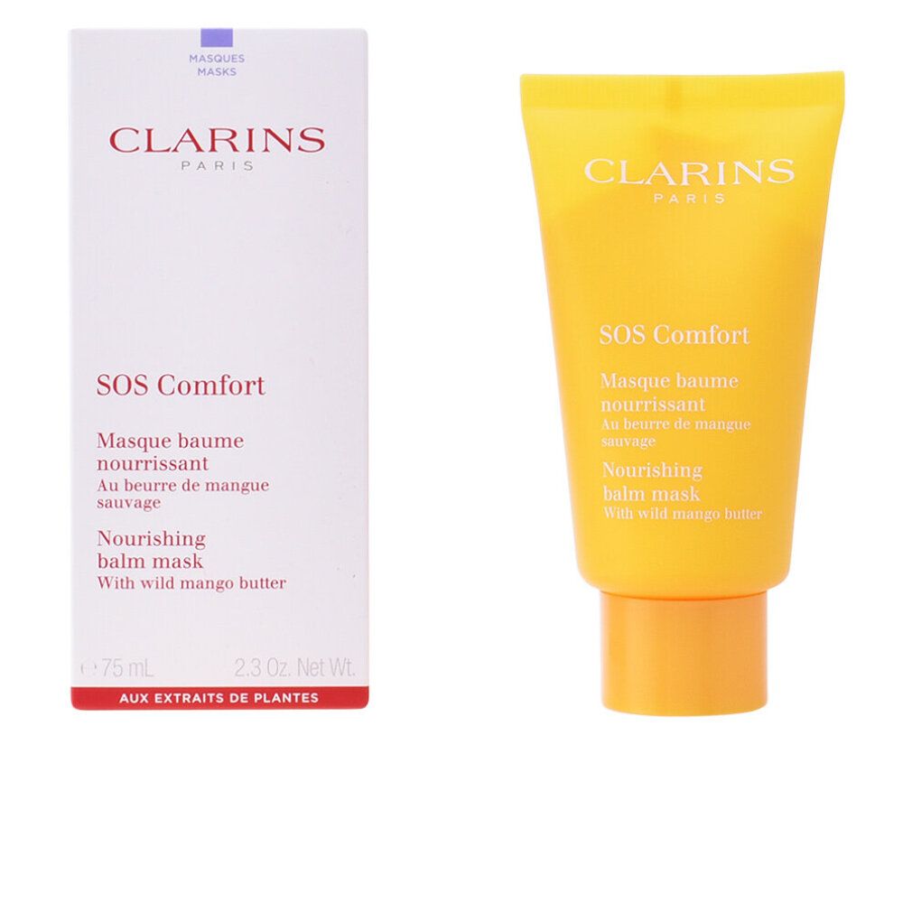 Clarins SOS Comfort Nourishing Balm Mask Tube und Box mit Mangobutter.