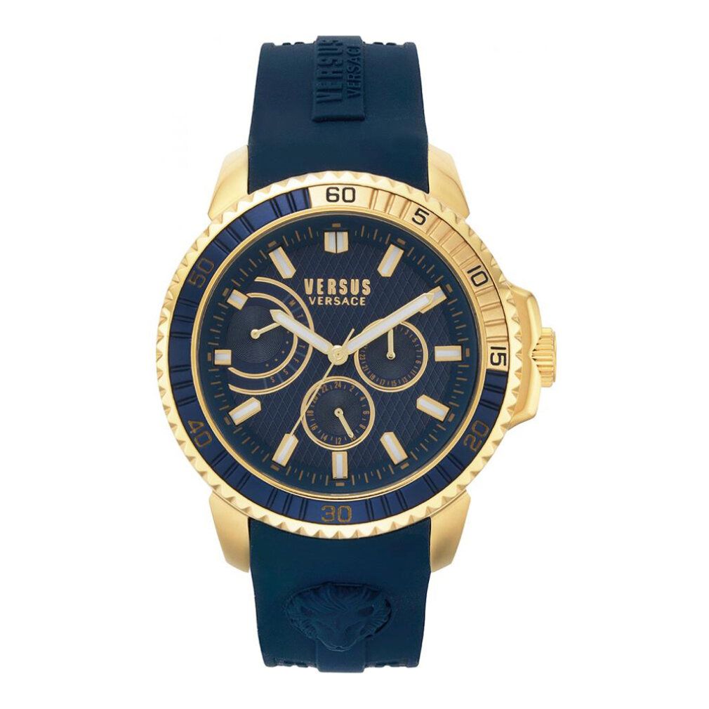 Herrenuhr mit blauem Zifferblatt und Armband. Goldfarbenes Gehäuse und Lünette. Marke: Versus Versace. Drei Hilfszifferblätter.