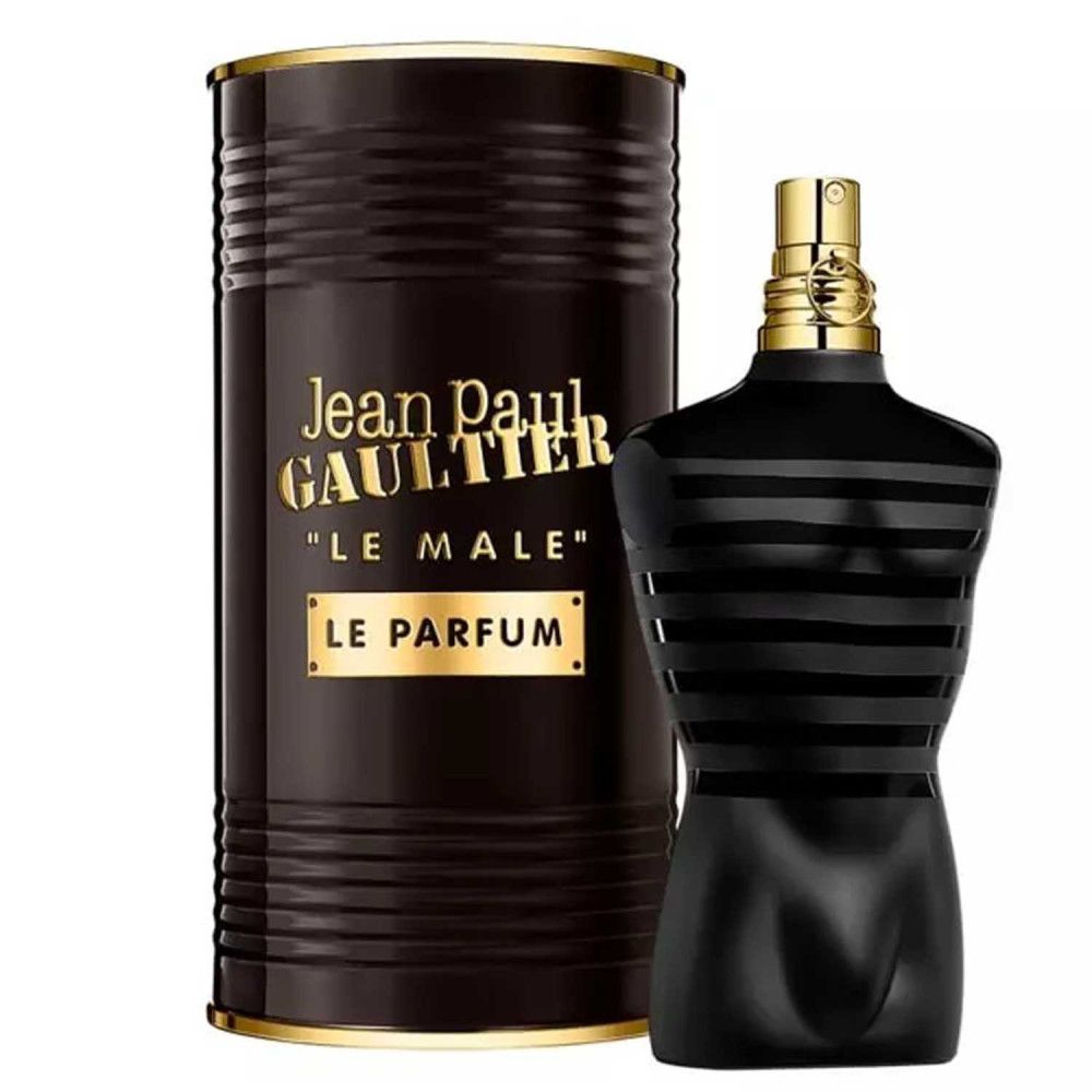 Schwarzer Flakon in Torsoform mit goldfarbenem Verschluss und zylindrischer Verpackung. Aufschrift: Jean Paul Gaultier, Le Male Le Parfum.
