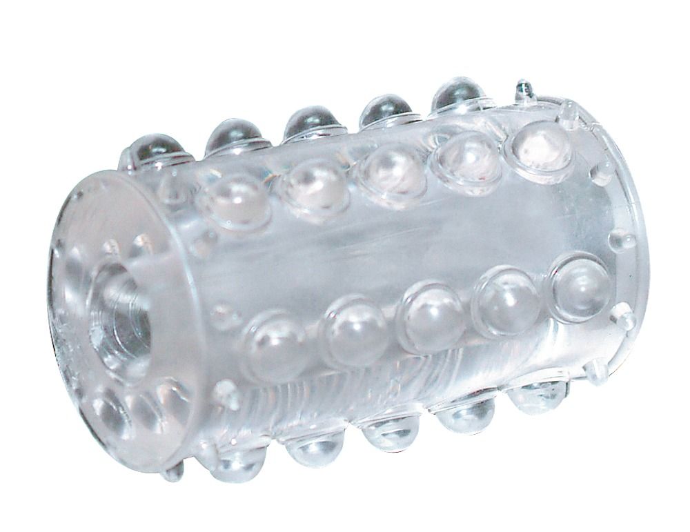 Transparenter, zylindrischer Ring mit Noppen. Material: transparentes Kunststoff.