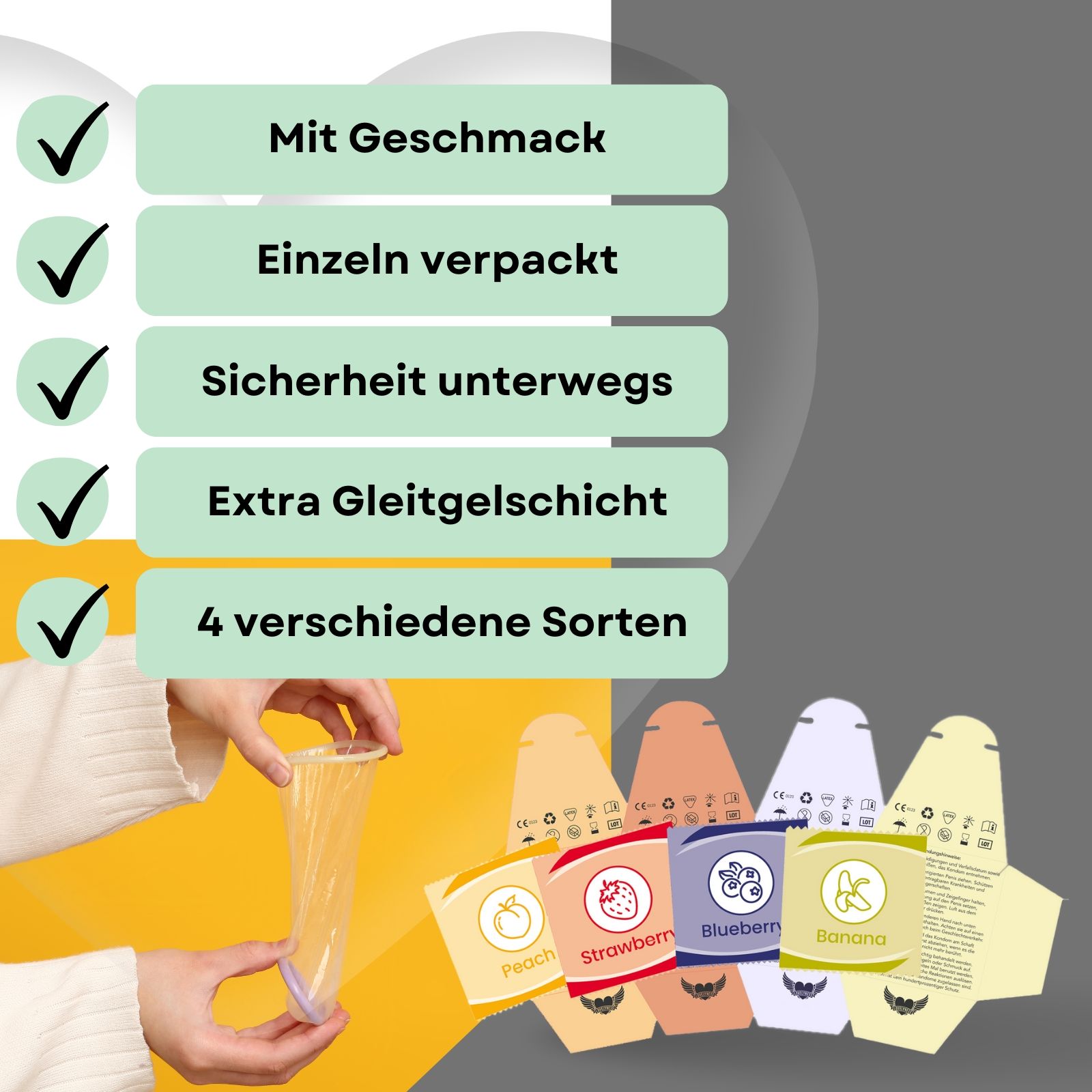 Kondome mit Fruchtgeschmack, einzeln verpackt. Aufschrift: Peach, Strawberry, Blueberry, Banana.