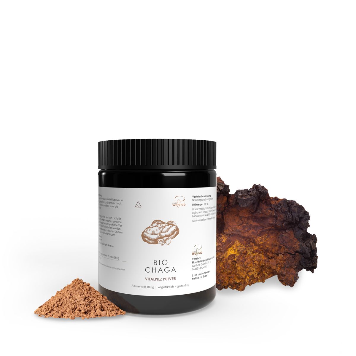 Schwarze Dose mit BIO Chaga Pulver, Chaga-Pilz und braunes Pulver daneben. Aufschrift: BIO CHAGA VITALPILZ PULVER.