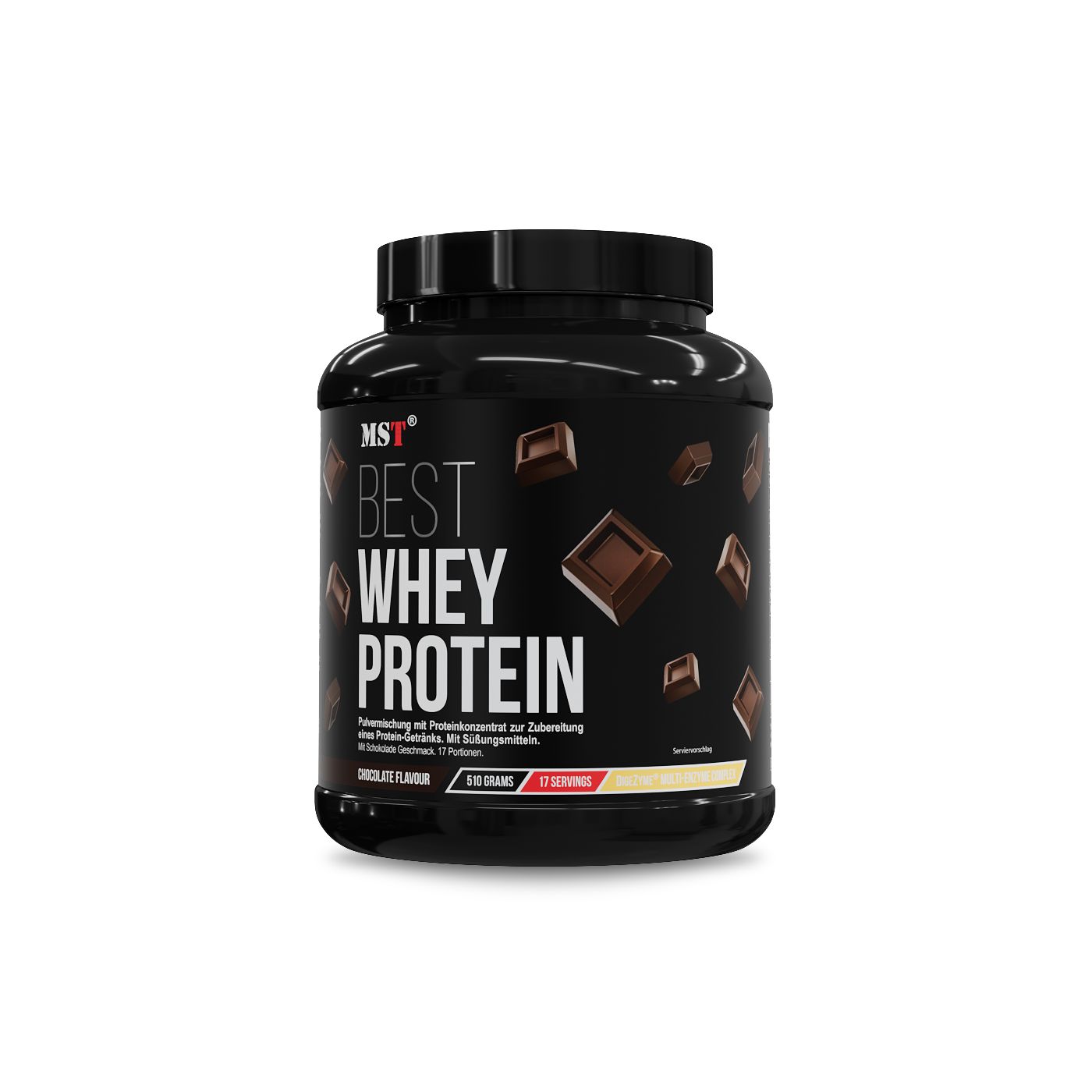 Schwarzer Behälter mit MST Best Whey Protein Aufschrift und Schokoladenstücken.