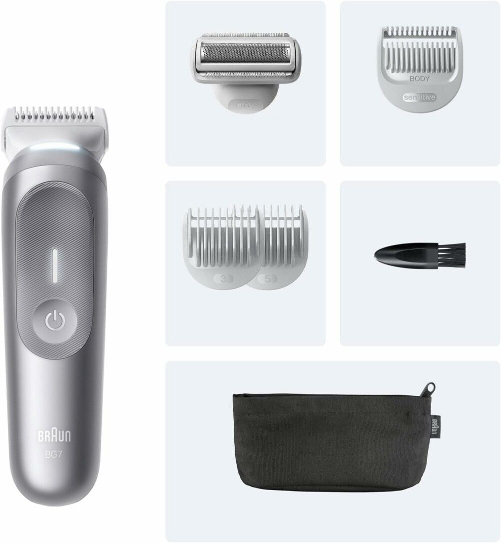 Braun BodyGroomer Series 7 mit Zubehör: Trimmer, 3 Aufsteckkämme, Scherkopf, Reinigungsbürste und Tasche.