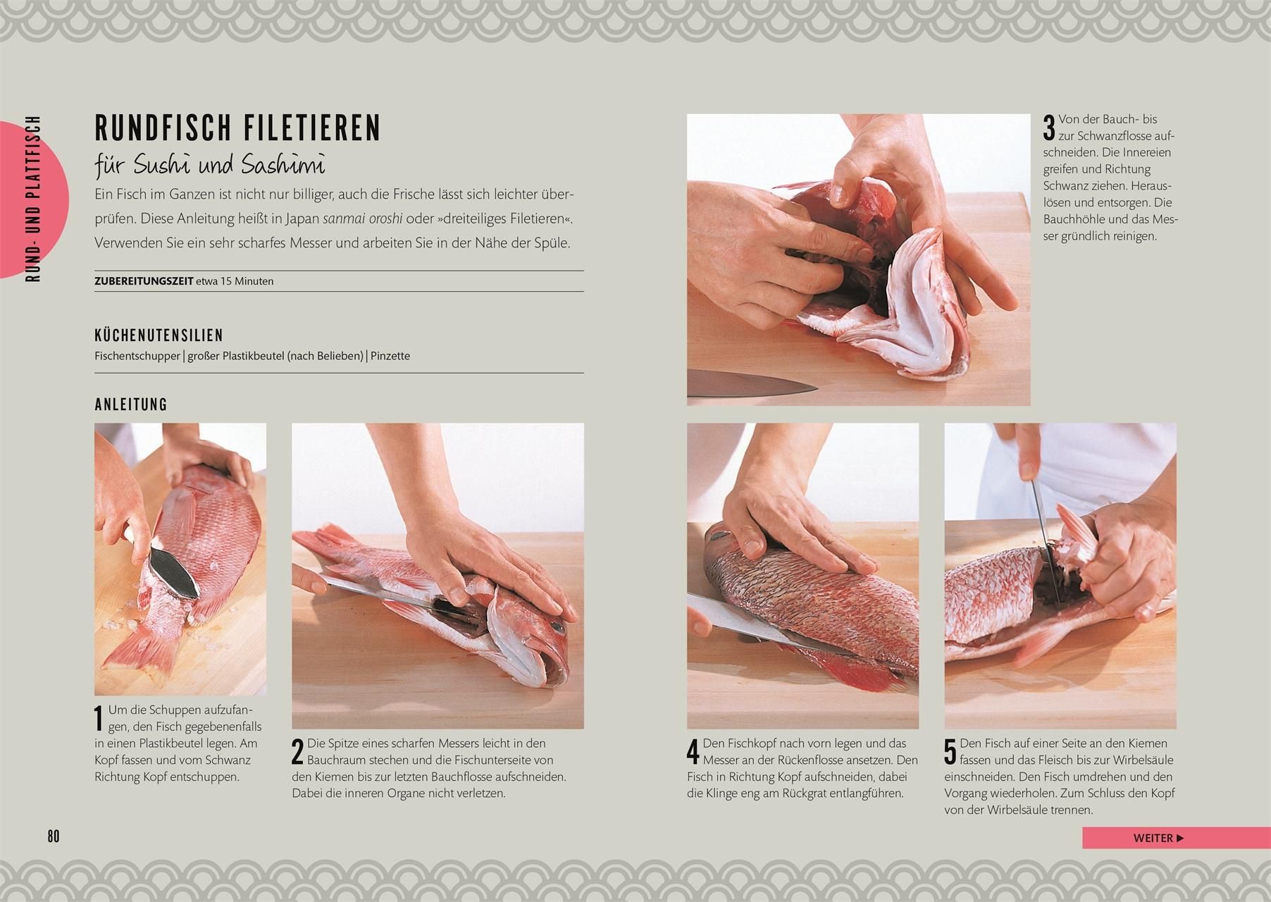 Seite aus einem Kochbuch mit Anweisungen zum Filetieren von Rundfisch für Sushi und Sashimi.