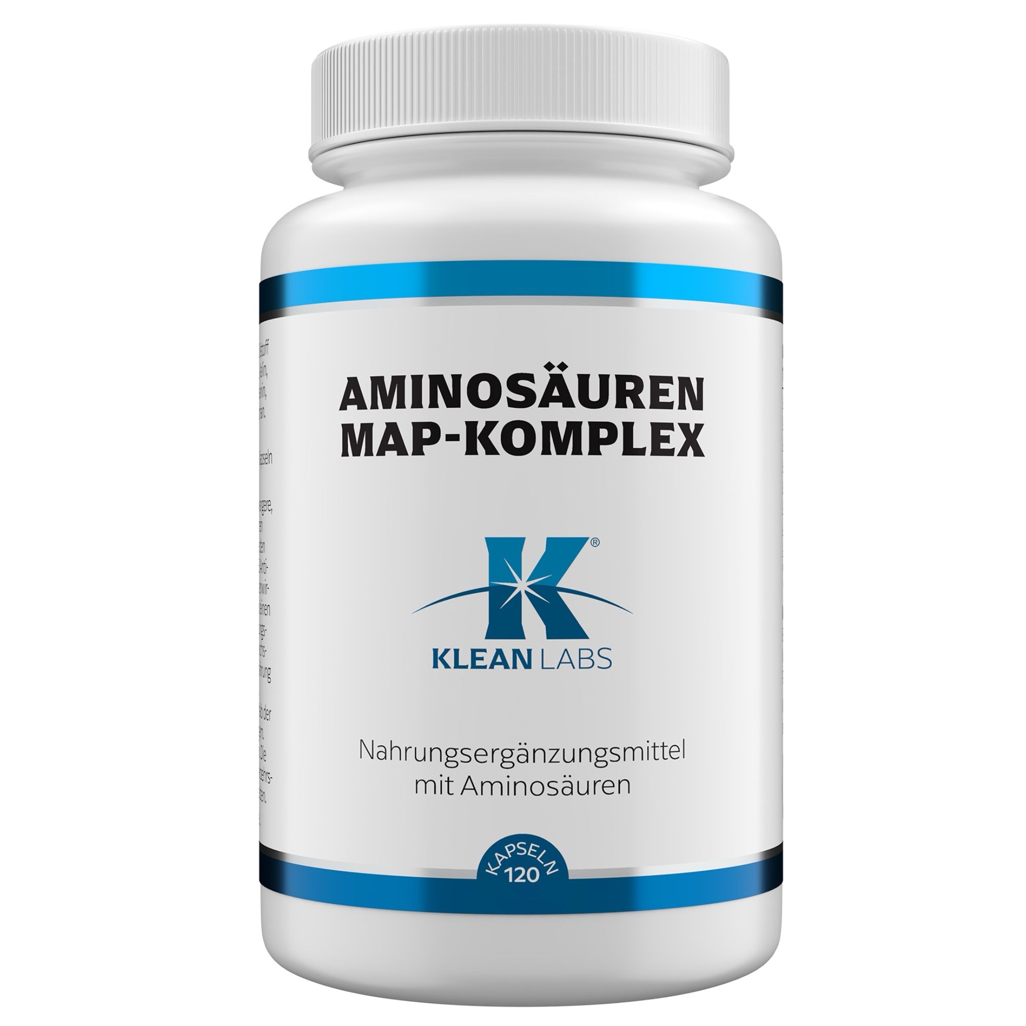 Weiße Flasche mit blauem Band. Aufschrift: Aminosäuren MAP-Komplex, Klean Labs Logo, 120 Kapseln. Nahrungsergänzungsmittel.