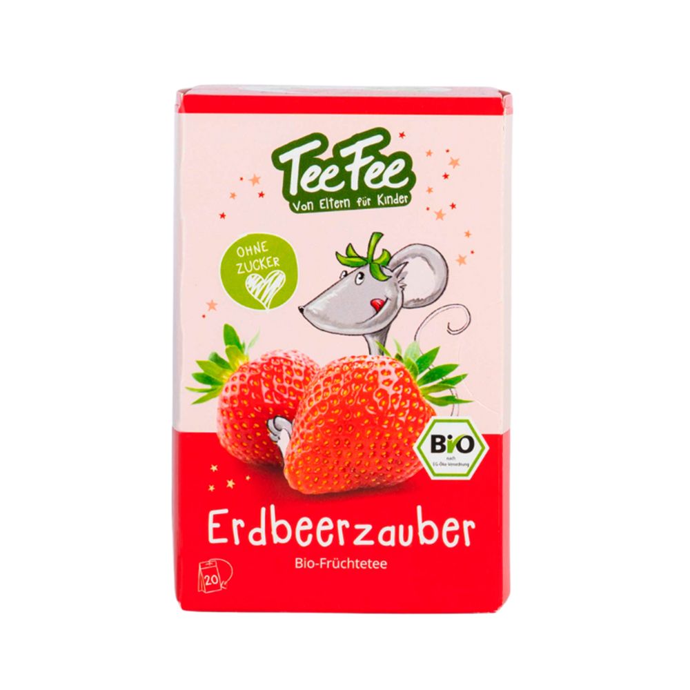 Verpackung mit Erdbeer-Früchtetee für Kinder. Logo "TeeFee". Erdbeeren-Illustration. Aufdruck "Bio".