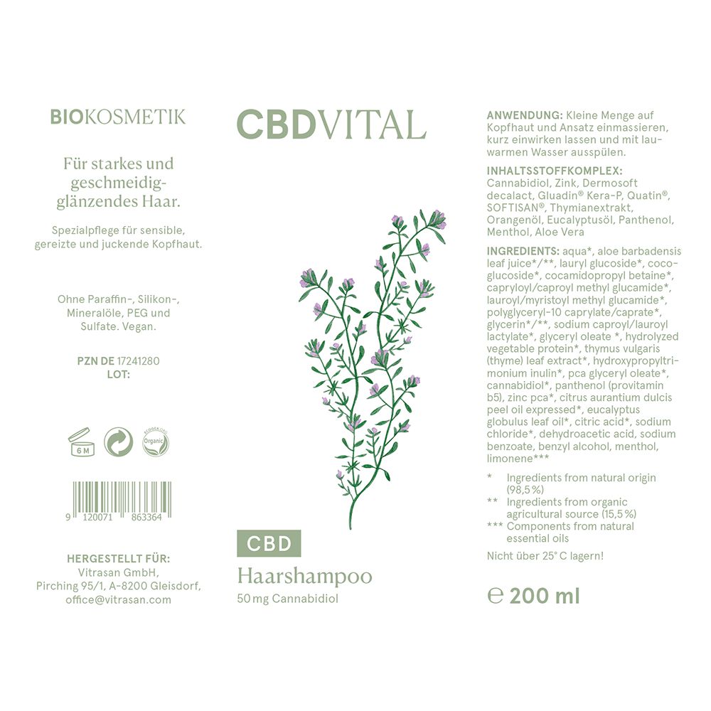 Etikett von CBD VITAL Haarshampoo. Text: CBD, Haarshampoo, 50mg Cannabidiol. Inhaltsstoffe und Herstellerangaben.