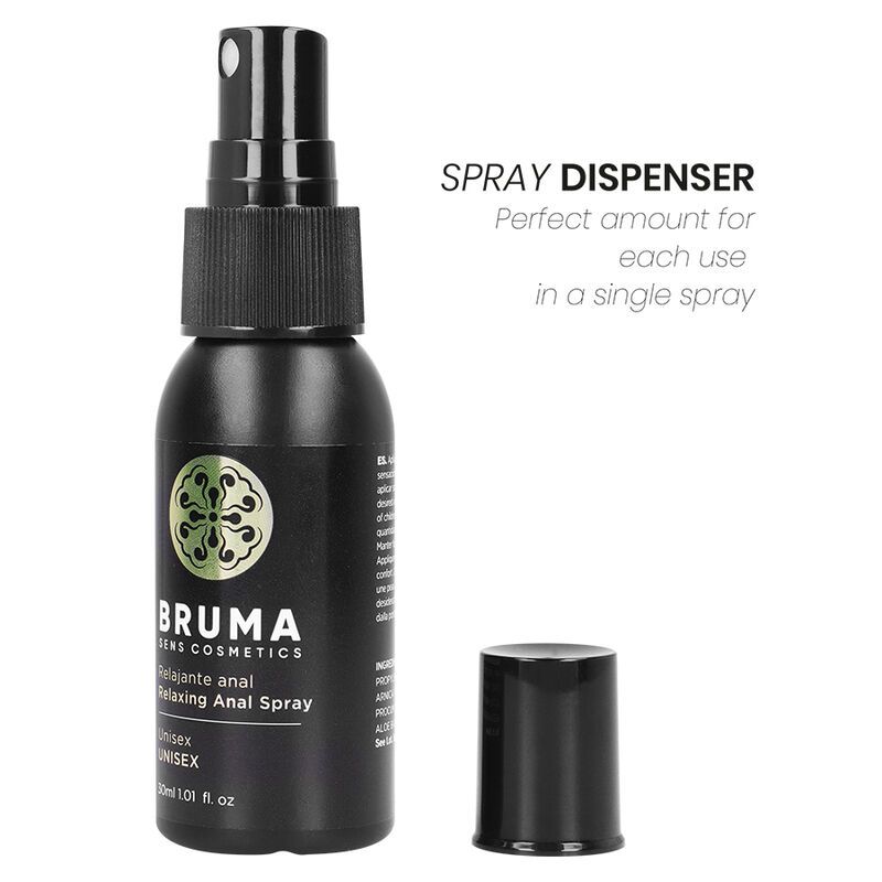 Schwarze Sprühflasche mit abgenommenem Deckel. Produktlogo und Text sichtbar. Text: "Relaxing Anal Spray".