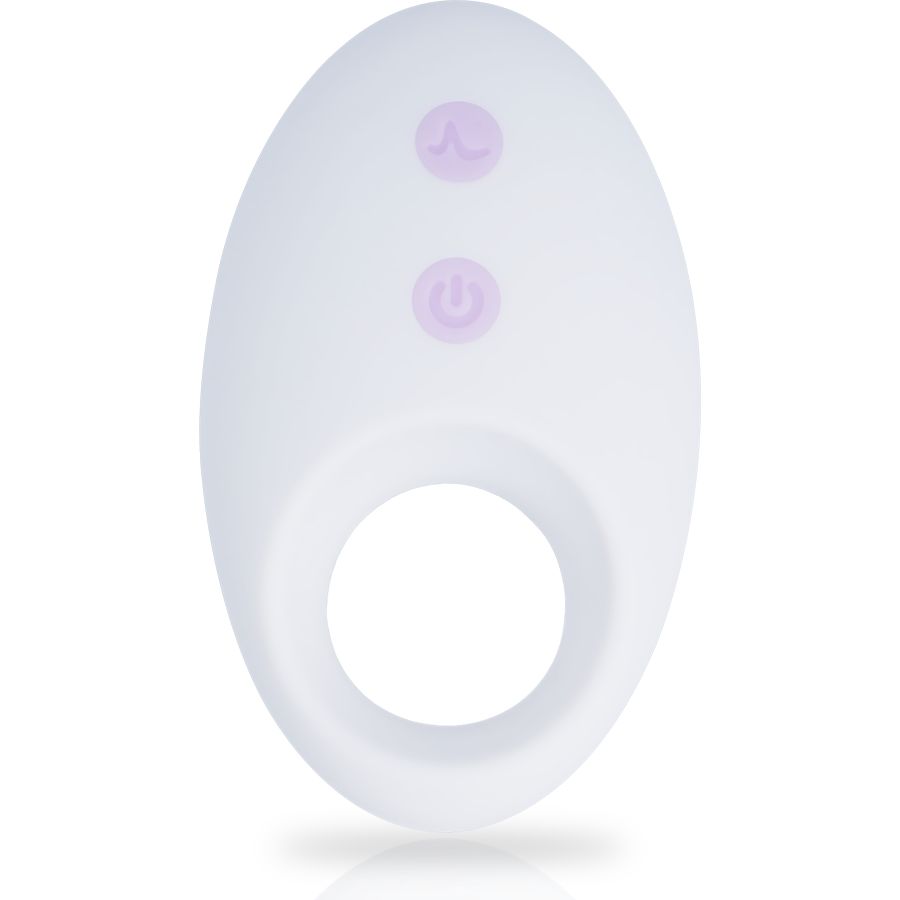 Weiße Fernbedienung mit zwei lila Tasten und einem Ring. Ovales Design.