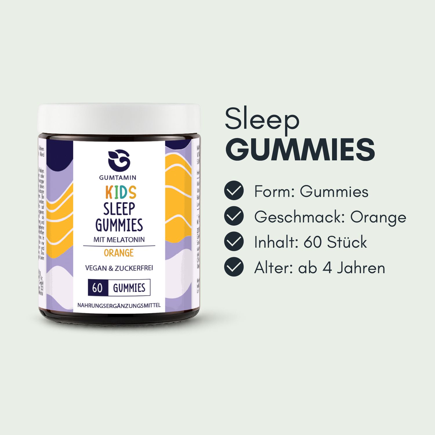 Dose Gumtamin Kinder Sleep Gummies mit Melatonin. Form: Gummies, Geschmack: Orange, Inhalt: 60 Stück, Alter: ab 4 Jahren.